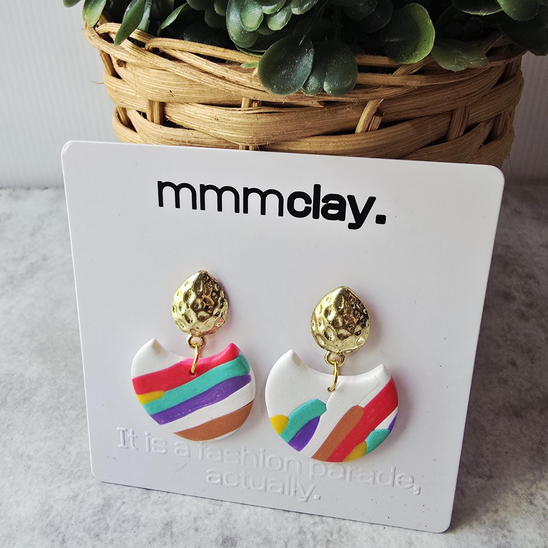 White Rainbow Striped Polymer Clay Drop Earrings