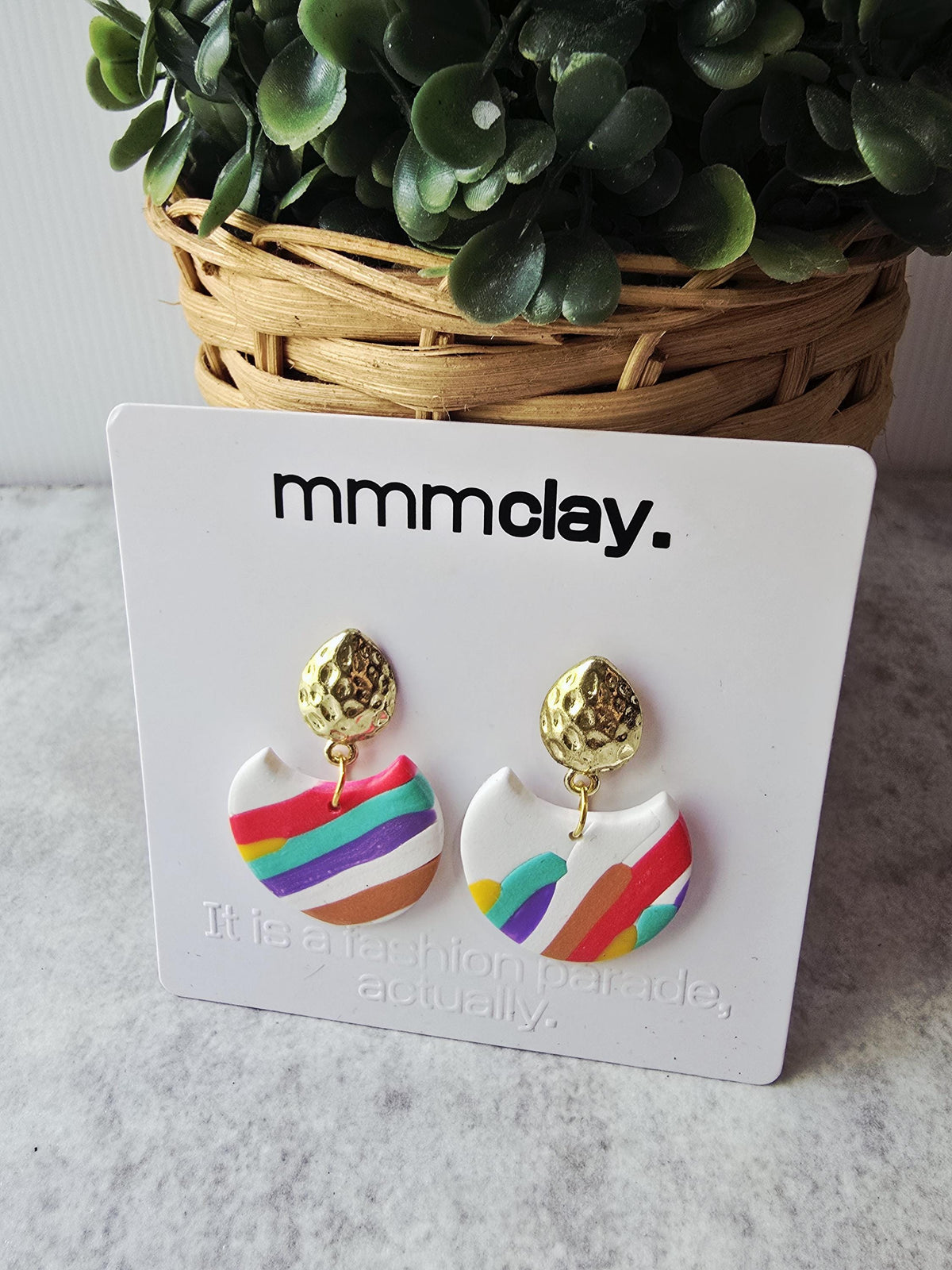 White Rainbow Striped Polymer Clay Drop Earrings