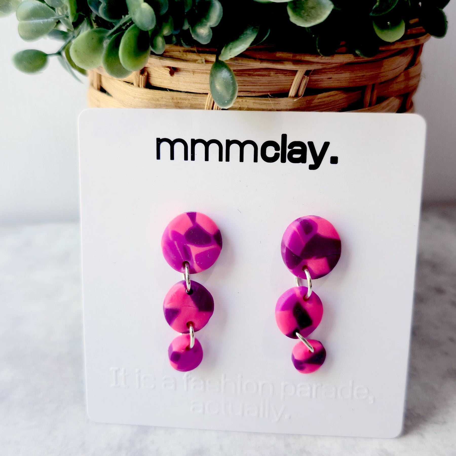 Hot Pink & Purple Triple Drop Polymer Clay Earrings