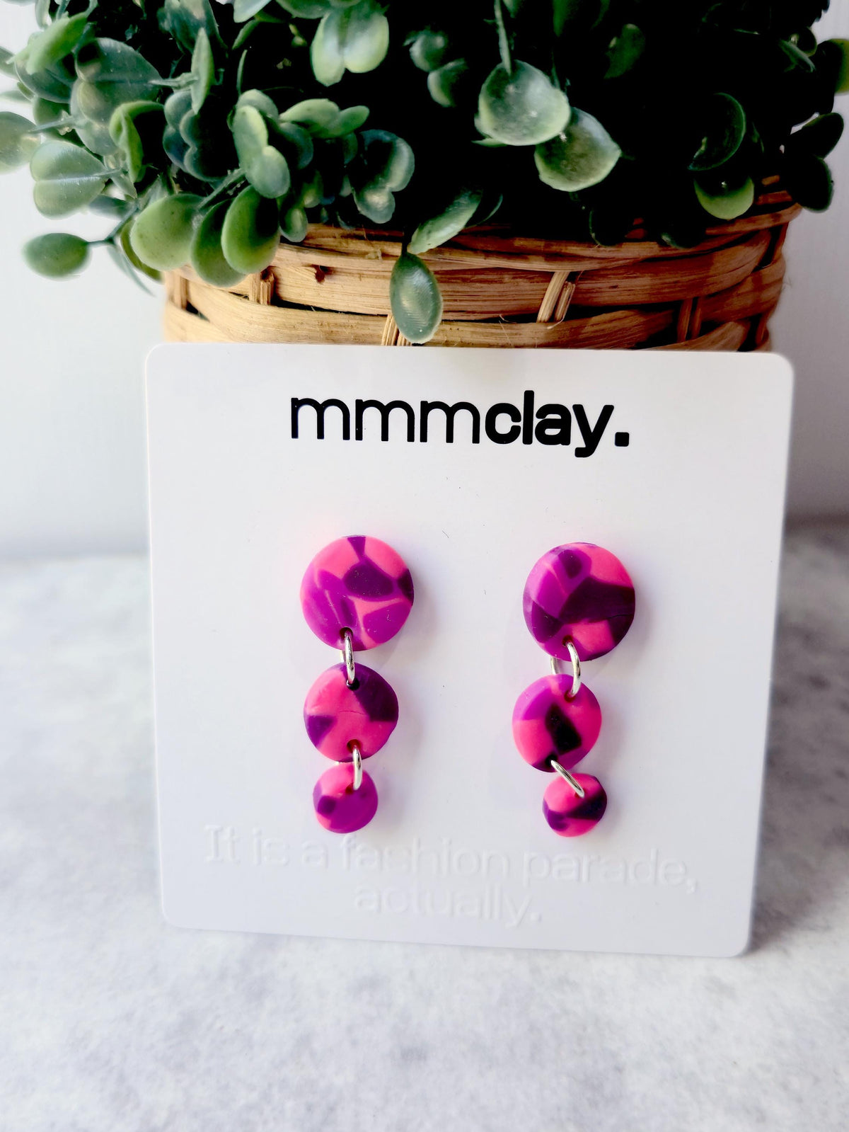 Hot Pink & Purple Triple Drop Polymer Clay Earrings