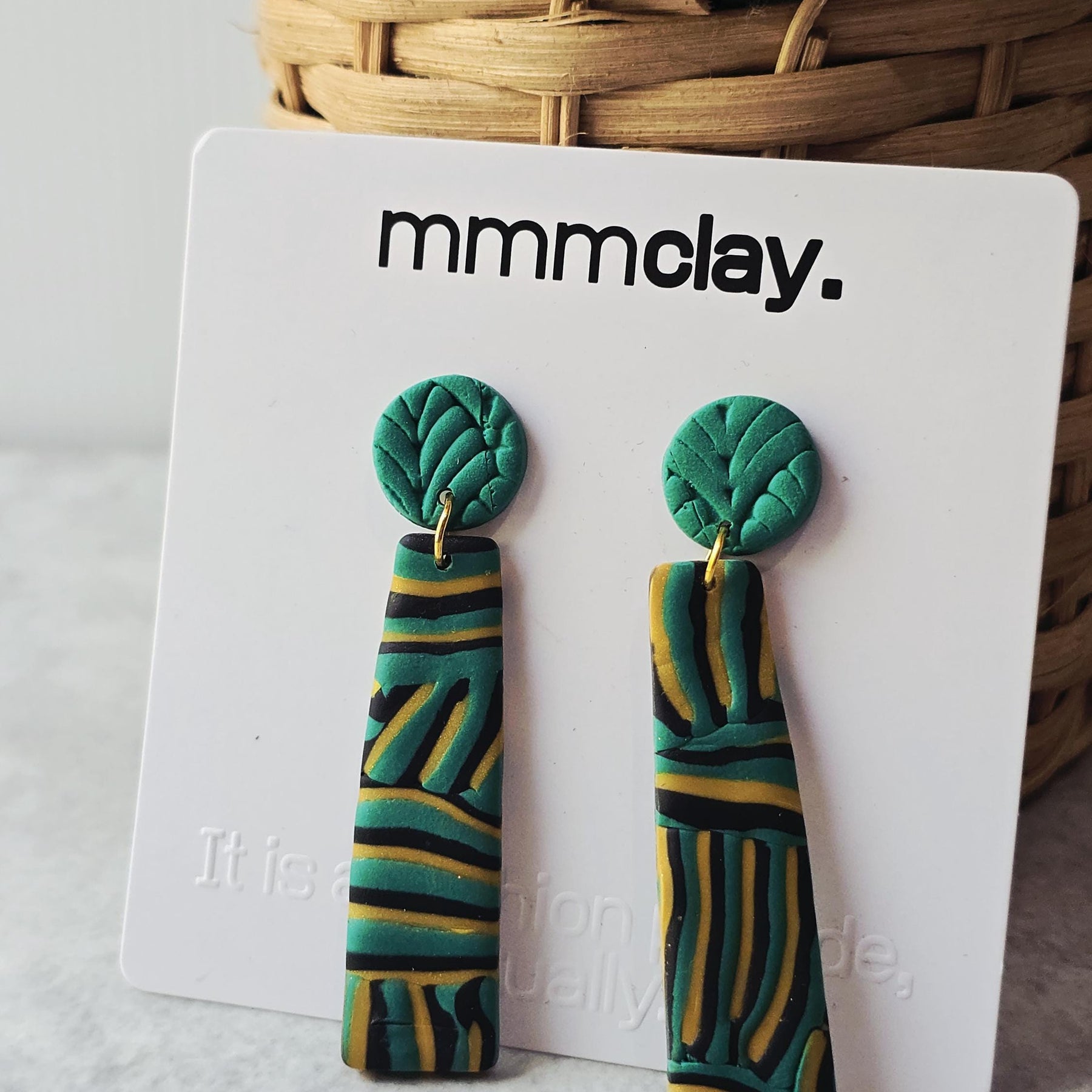 Black and Green Striped Polymer Clay Drop Earrings