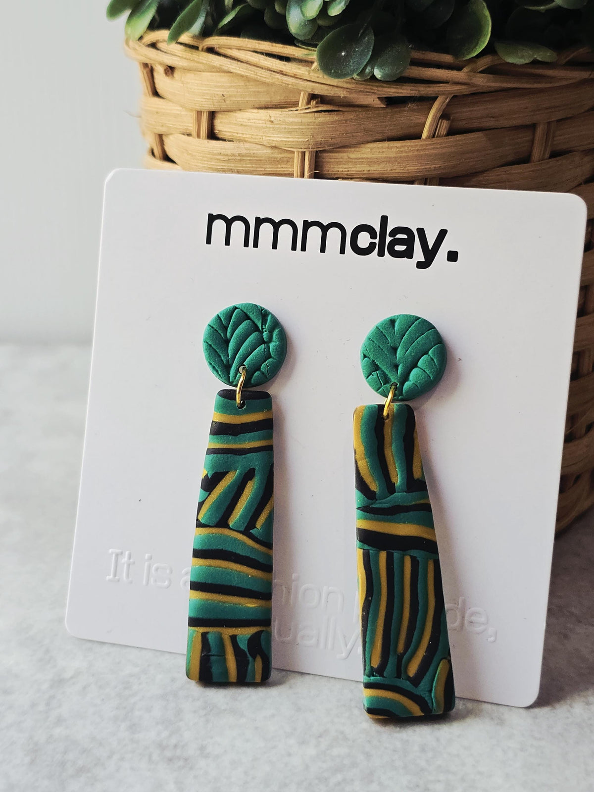 Black and Green Striped Polymer Clay Drop Earrings