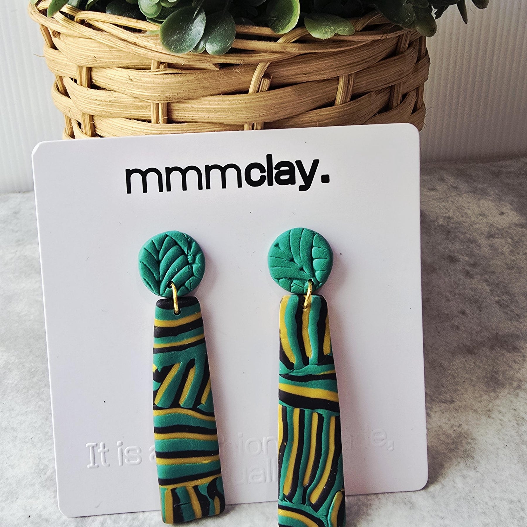 Black and Green Striped Polymer Clay Drop Earrings
