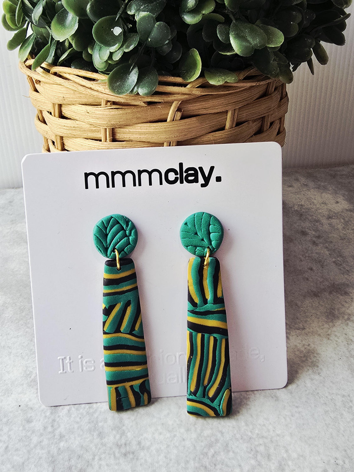 Black and Green Striped Polymer Clay Drop Earrings