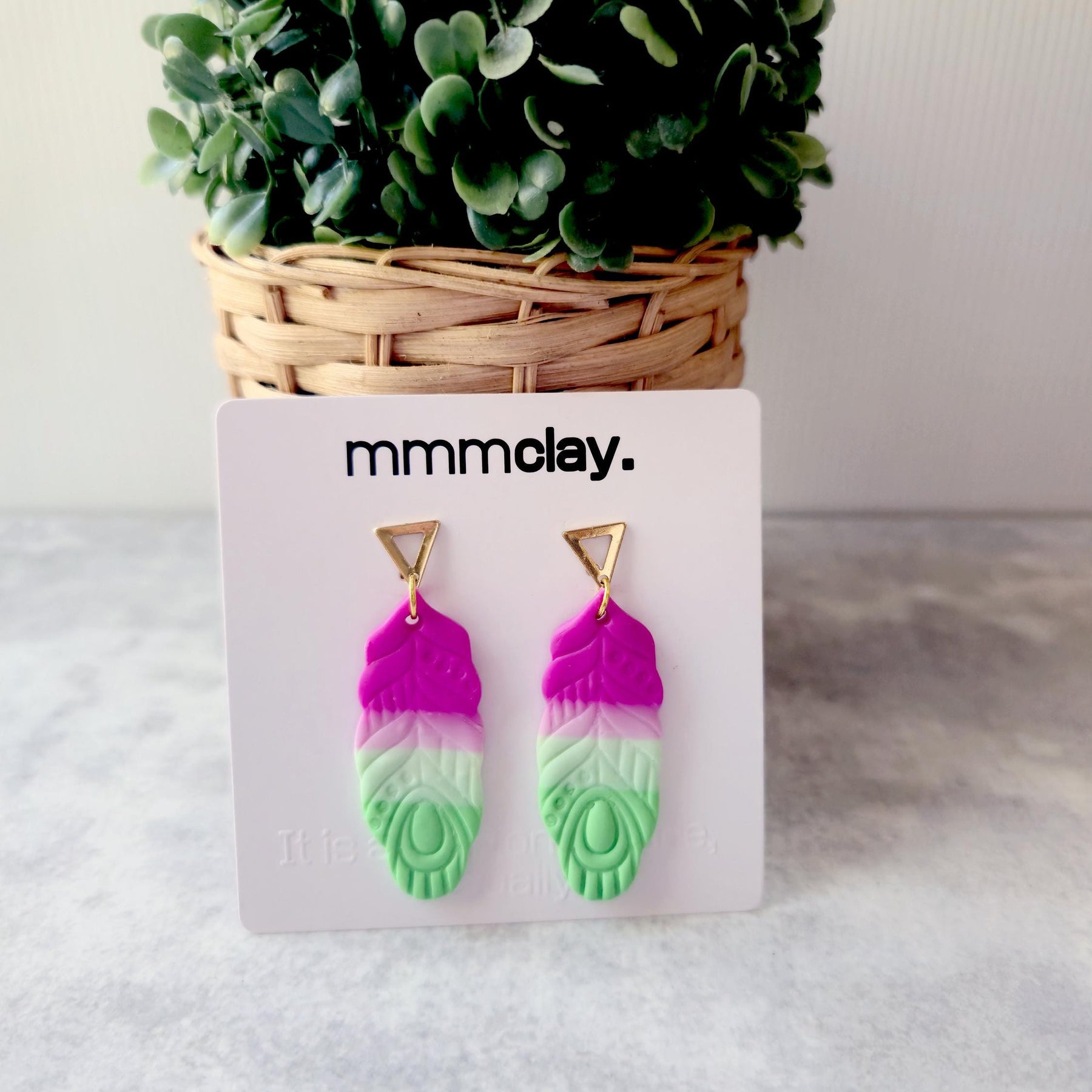 Mint & Neon Pink Polymer Clay Feather Earrings