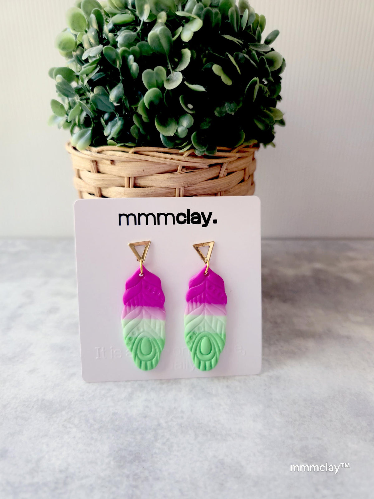 Mint & Neon Pink Polymer Clay Feather Earrings