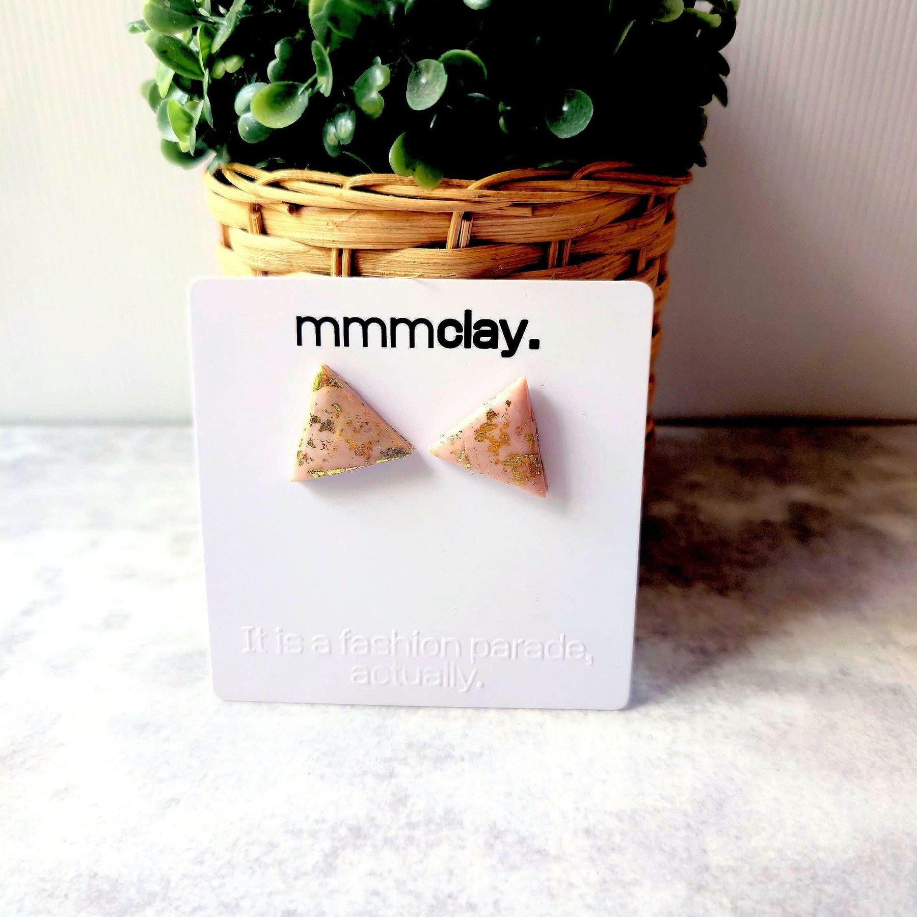 Dusty Pink Triangle Gold Flake Polymer Clay Stud Earrings