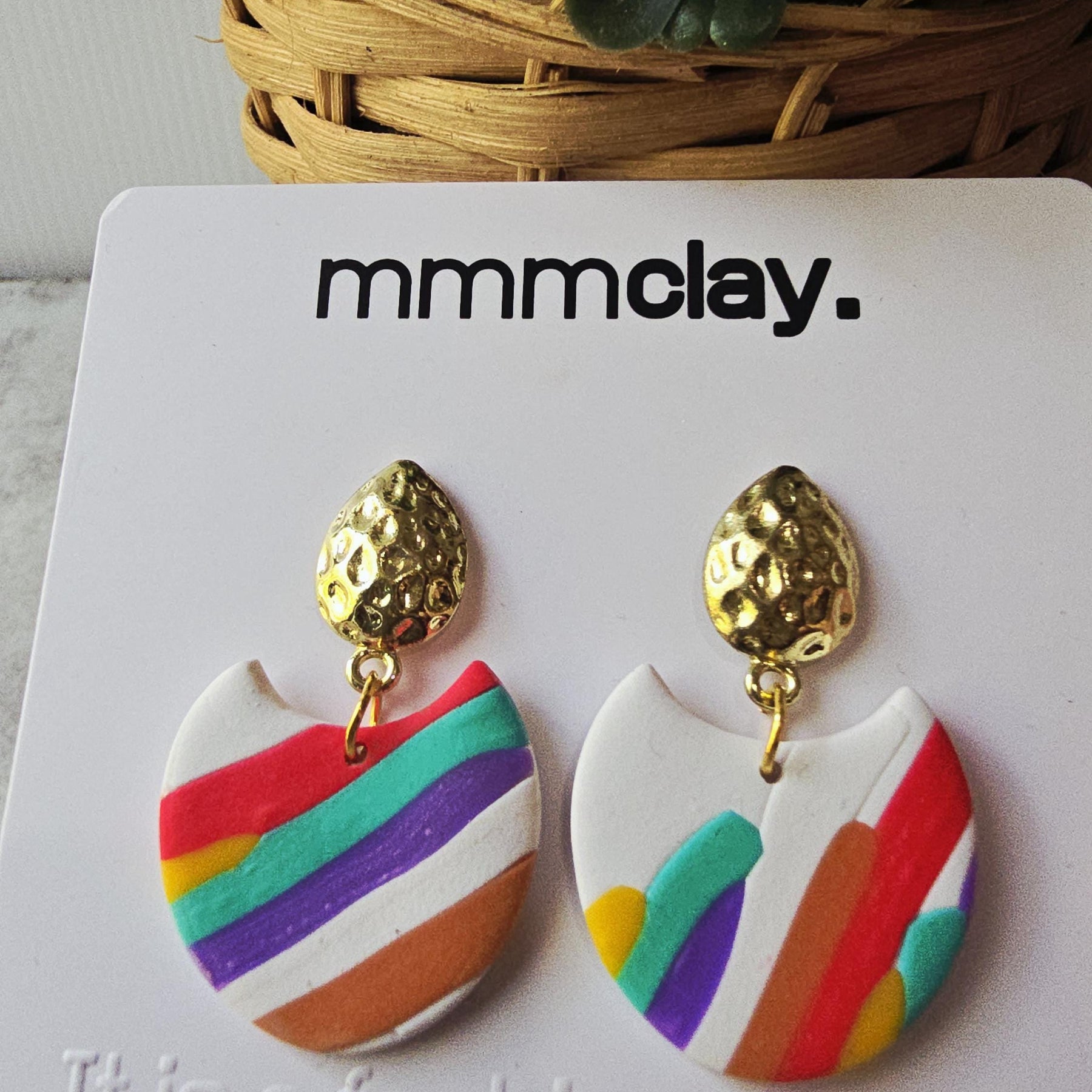 White Rainbow Striped Polymer Clay Drop Earrings