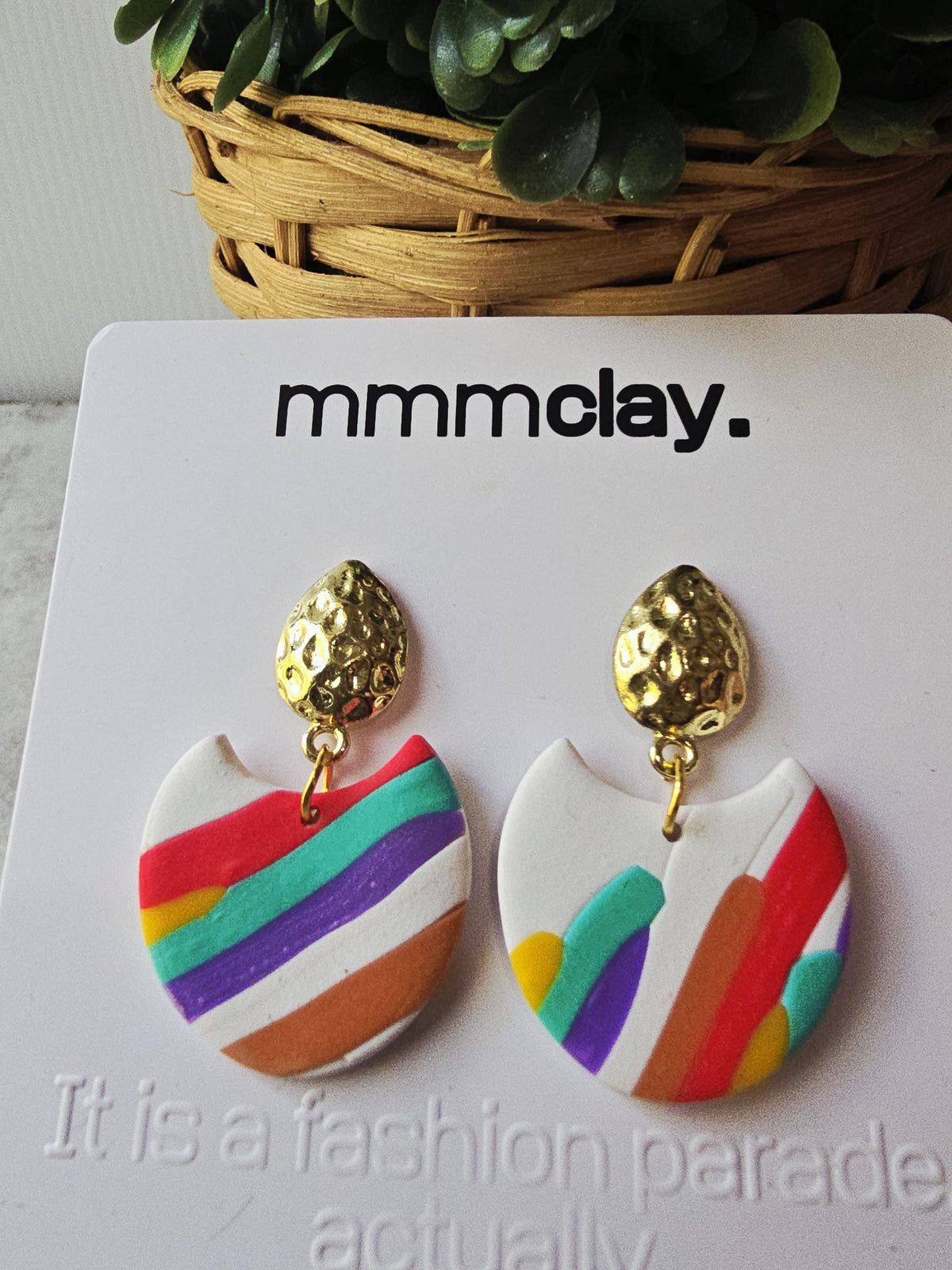 White Rainbow Striped Polymer Clay Drop Earrings