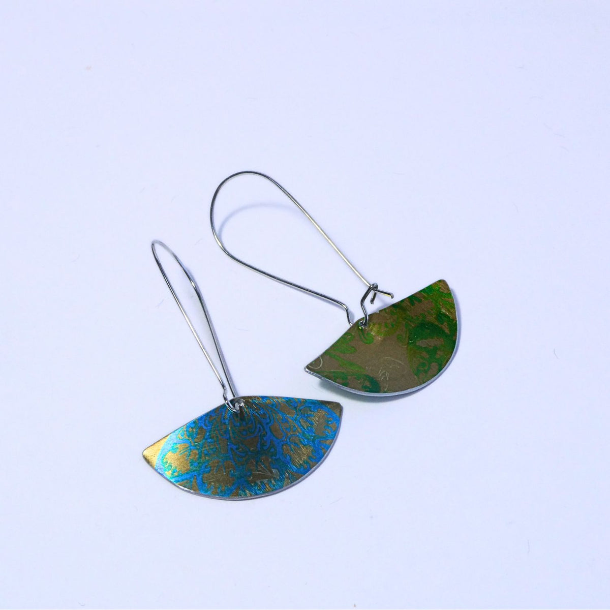 Hand printed anodised aluminium earrings - Persian Blue Collection