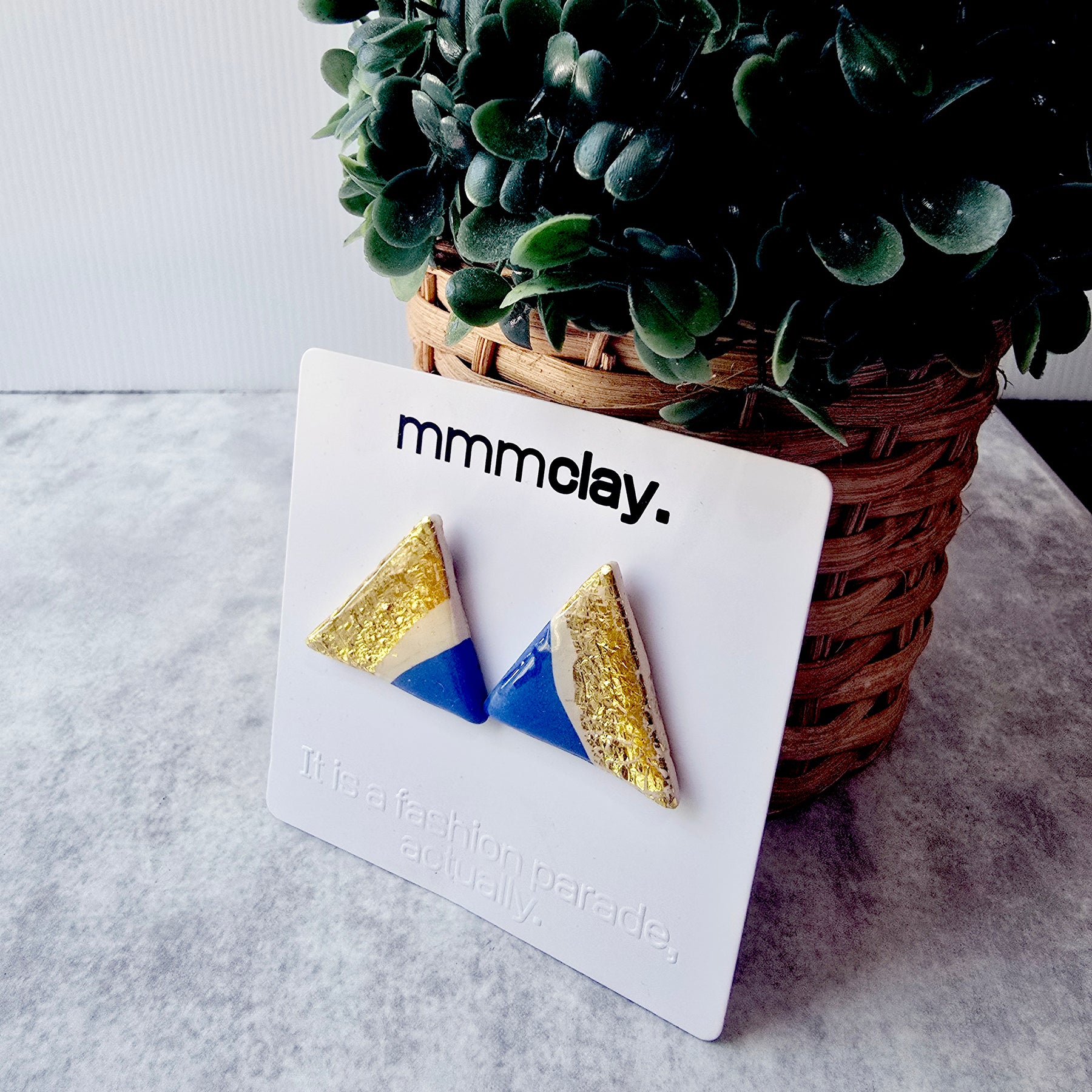Bright Blue Gold Triangle Handmade Polymer Clay Studs