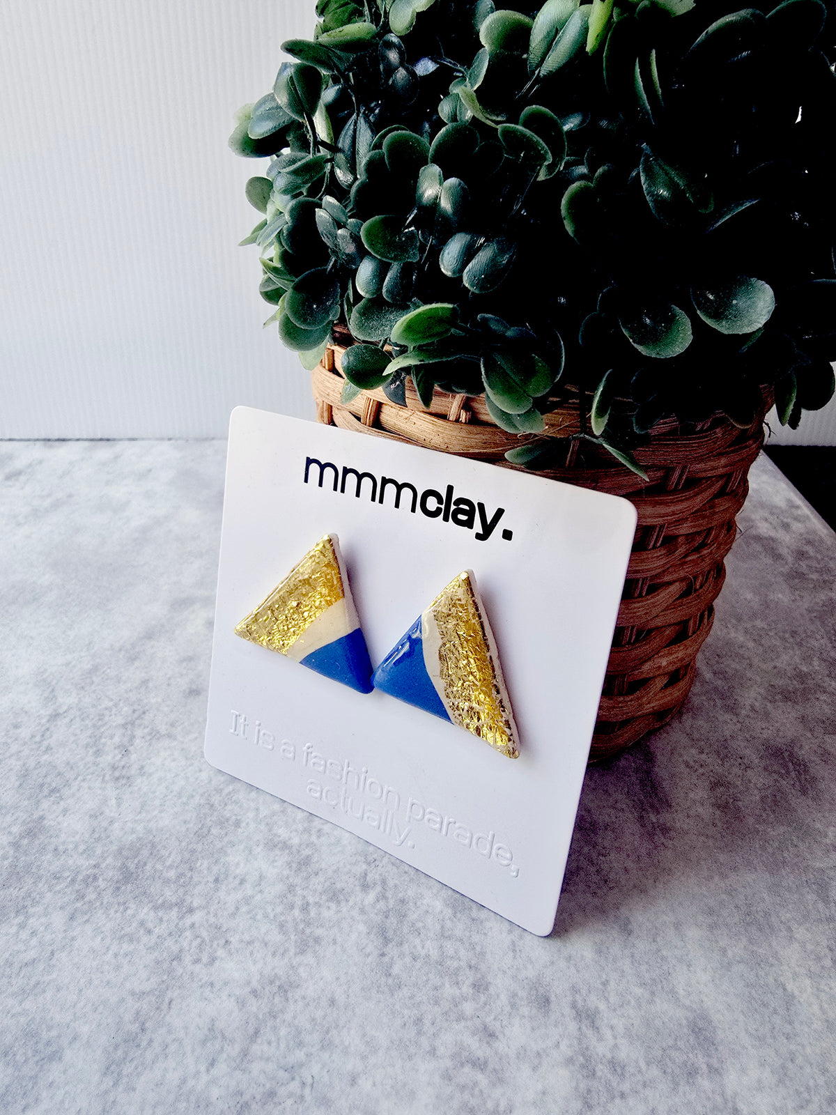 Bright Blue Gold Triangle Handmade Polymer Clay Studs