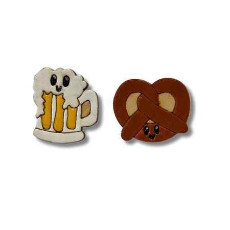 Beer and pretzel studs - wooden, hand painted