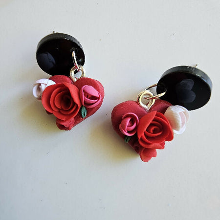 Floral Heart Dangle Earrings.Handmade, sculpted polymer clay wearable art.