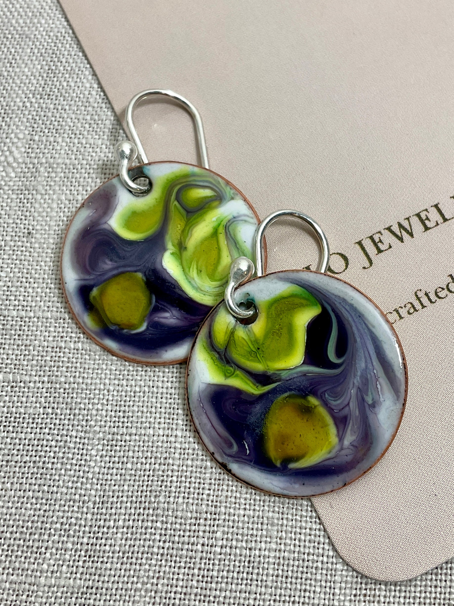 Purple and green swirl. Enamel earrings. Handmade