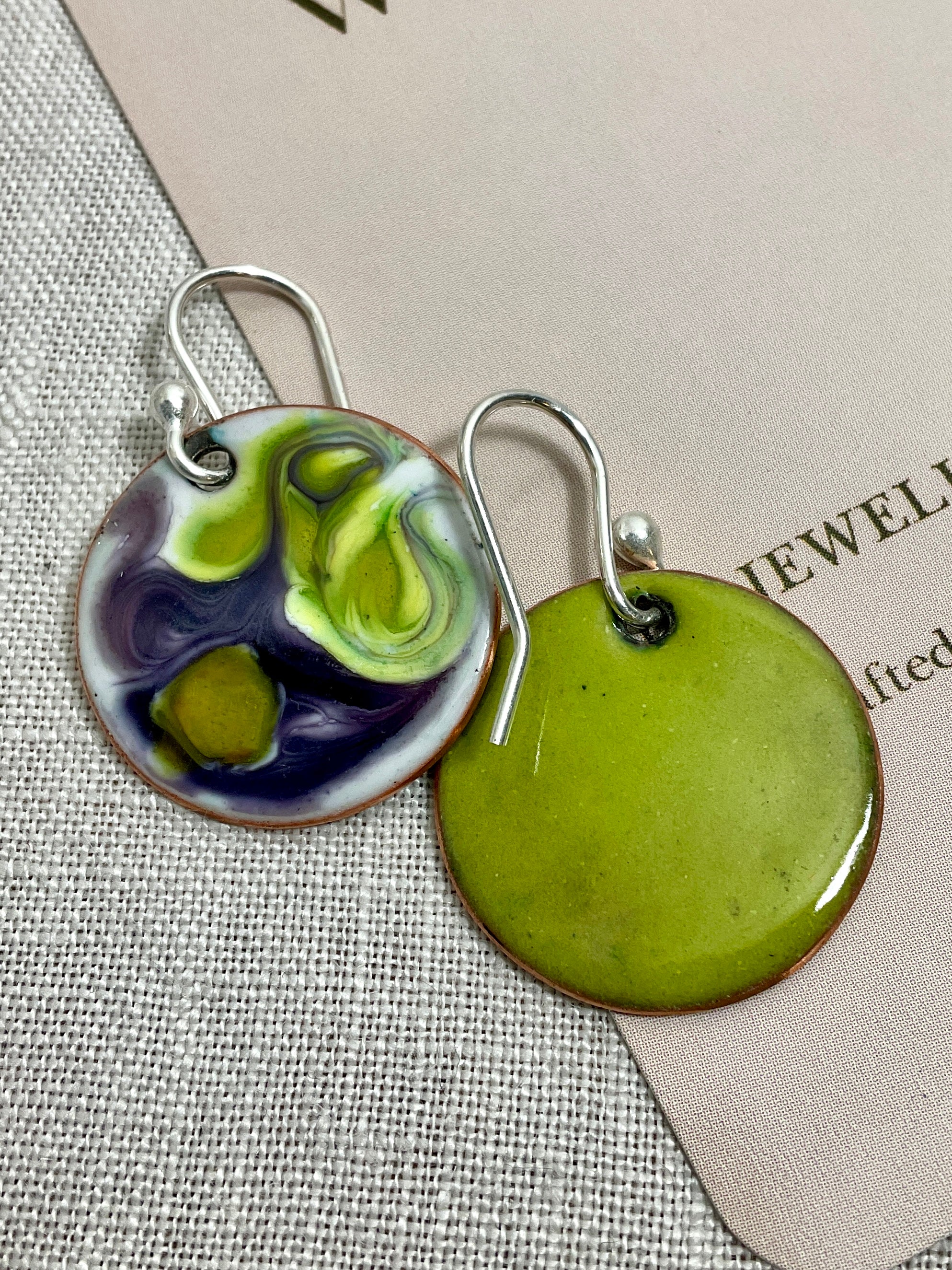 Purple and green swirl. Enamel earrings. Handmade