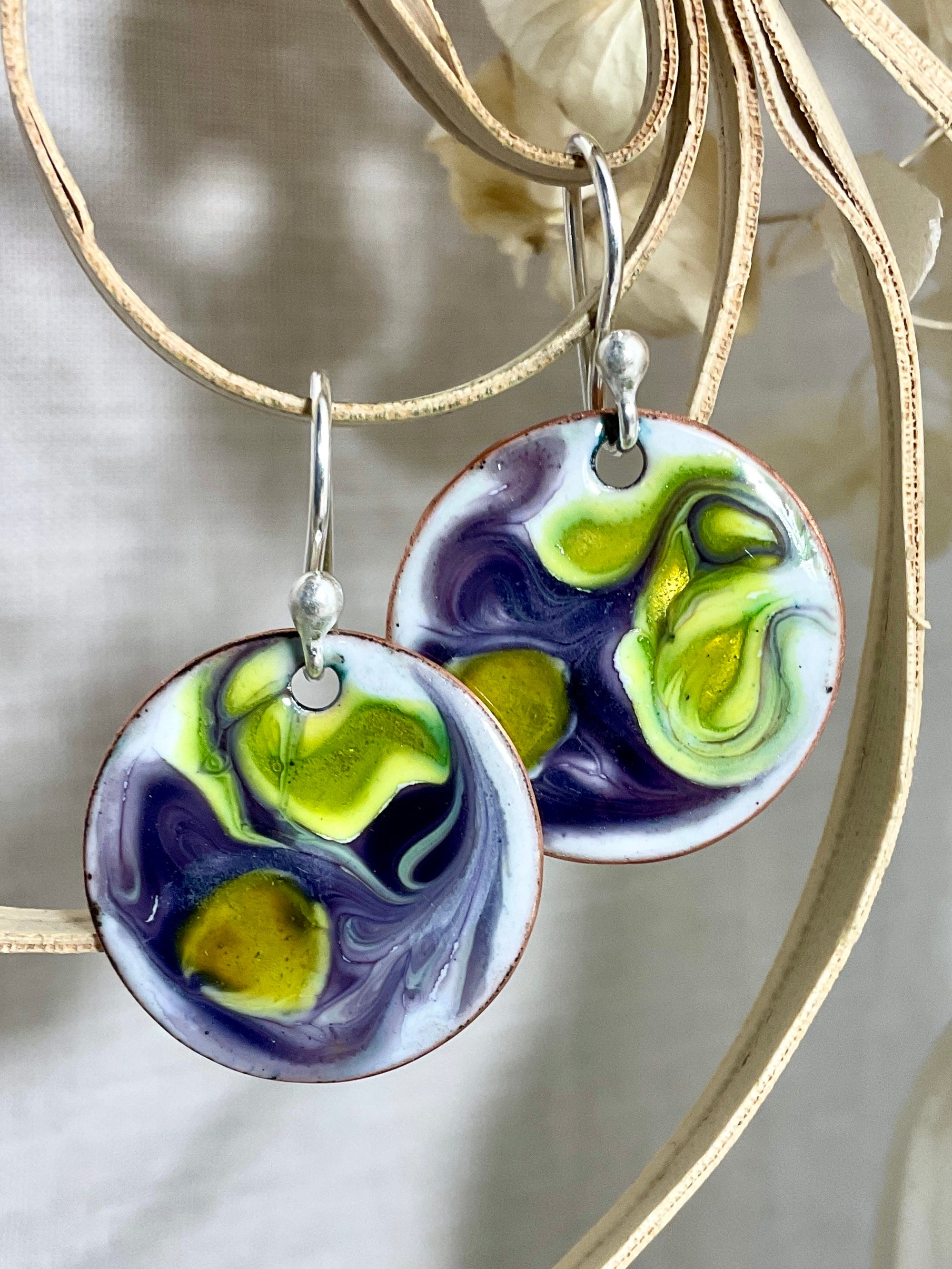Purple and green swirl. Enamel earrings. Handmade