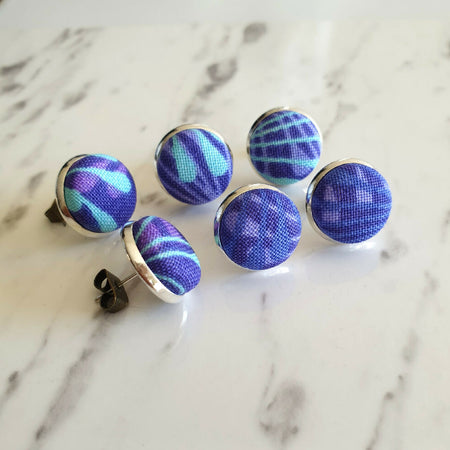 1.4cm Round MCM style Purple Blue drop cotton fabric Silver colour Cabochon stud earrings