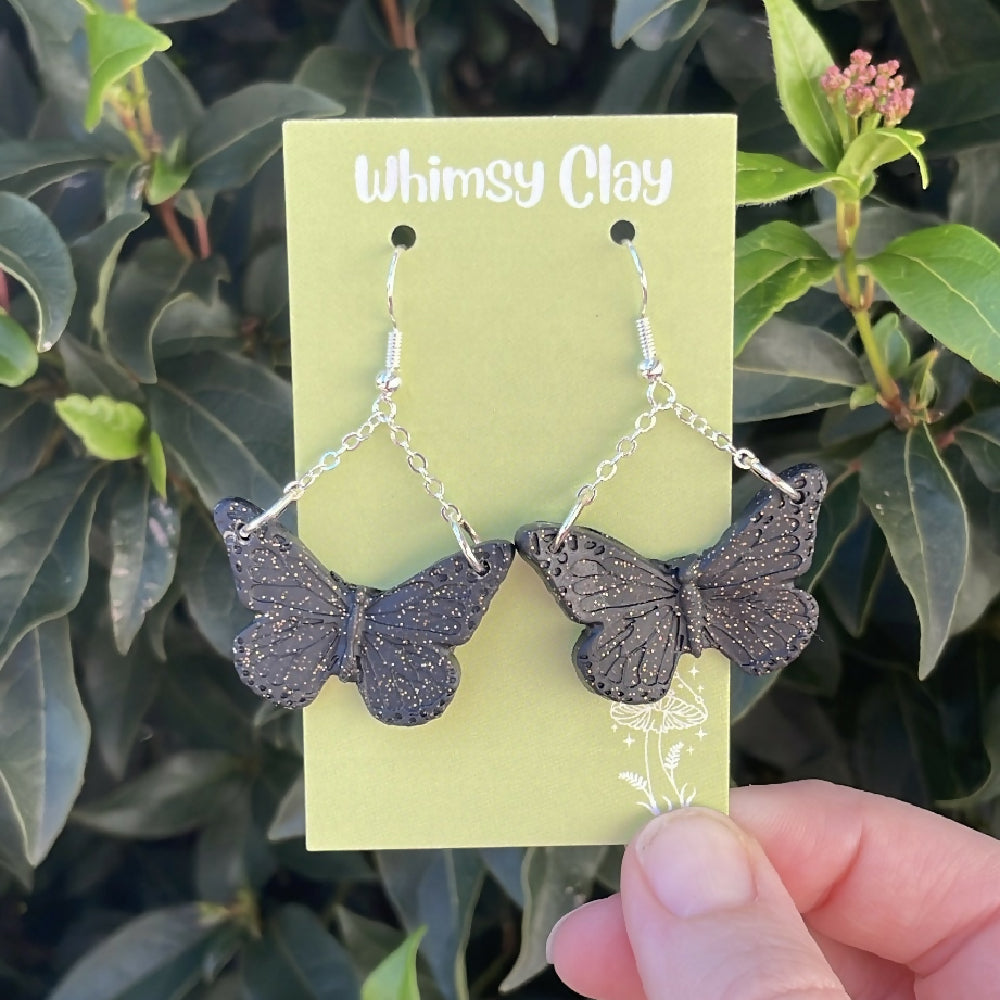 Black Glitter Butterfly Earrings