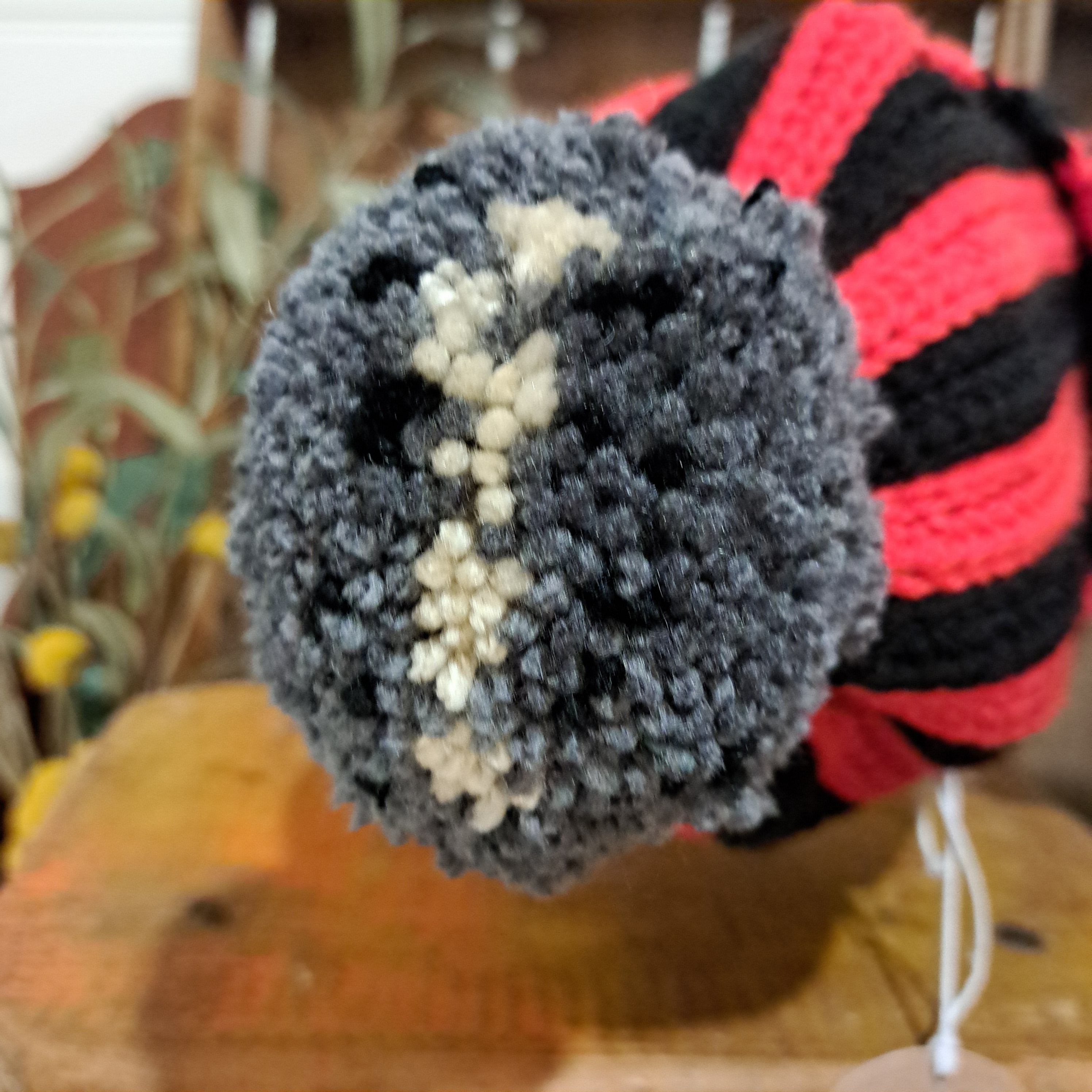 Crochet beanie/ red black stripe beanie/ football pompom