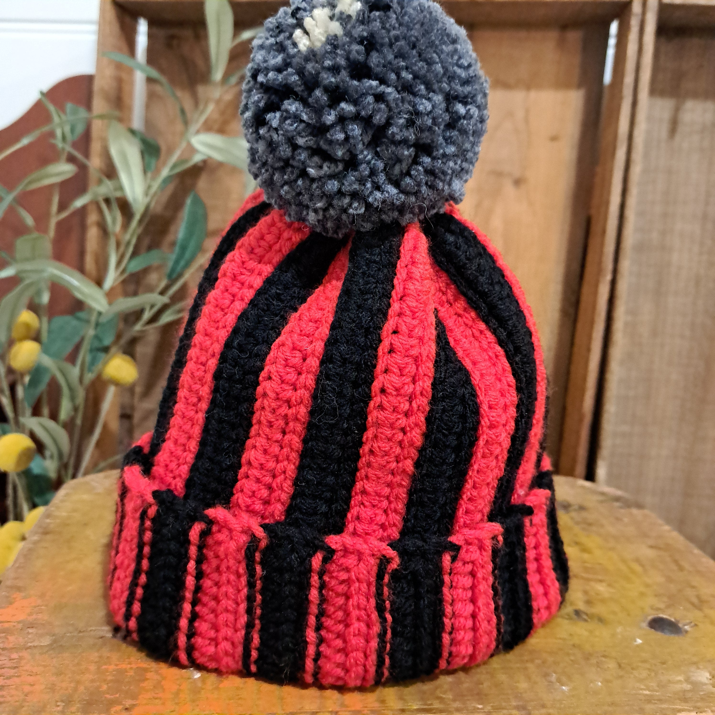 Crochet beanie/ red and black stripe/ football pompom