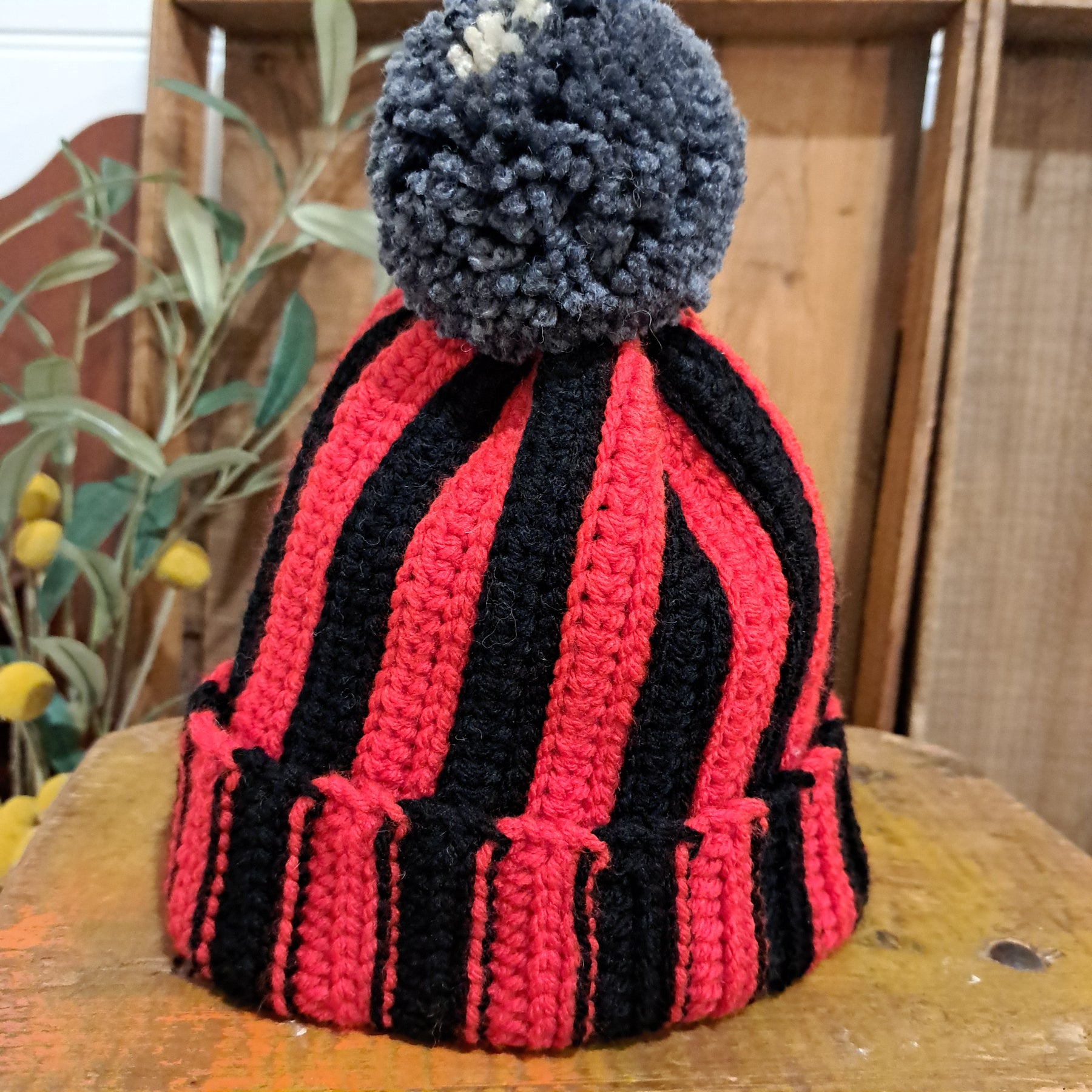 Crochet beanie/ red black stripe beanie/ football pompom