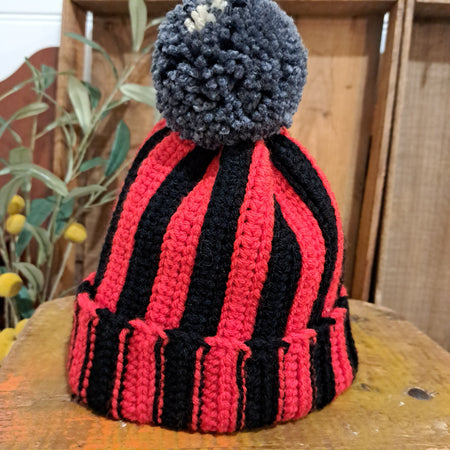 Crochet beanie/ red and black stripe/ football pompom