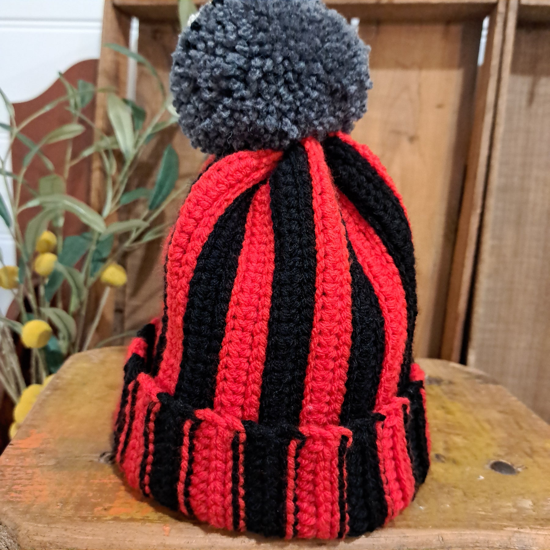 Crochet beanie/ red black stripe beanie/ football pompom