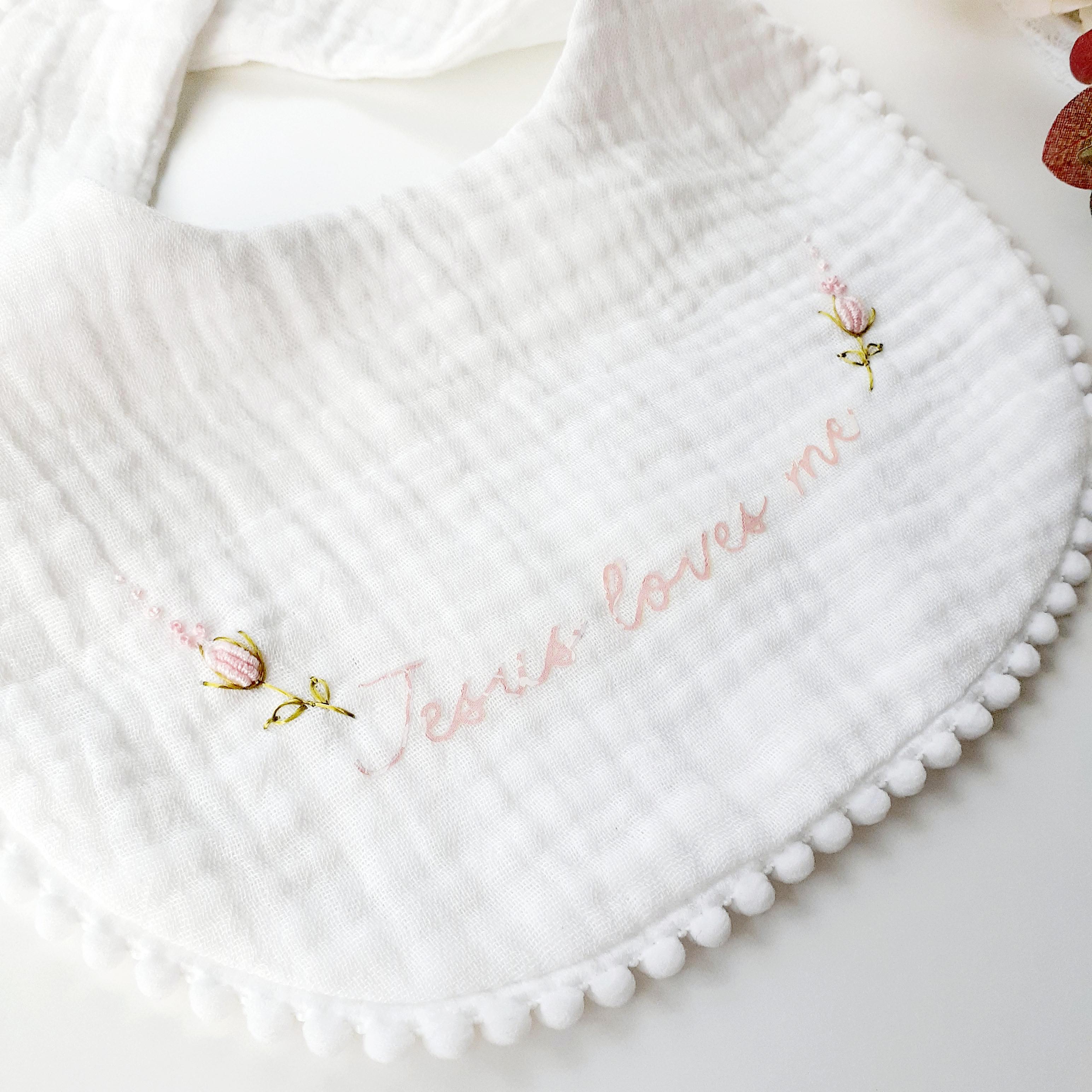 Embroidered Floral Baby Bib • Vintage-Style Scalloped Keepsake, Jesus Loves Me