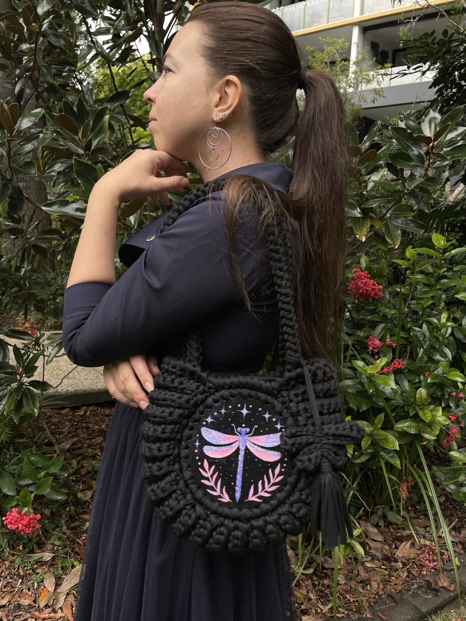 Hand painted artwork & Crochet Bag