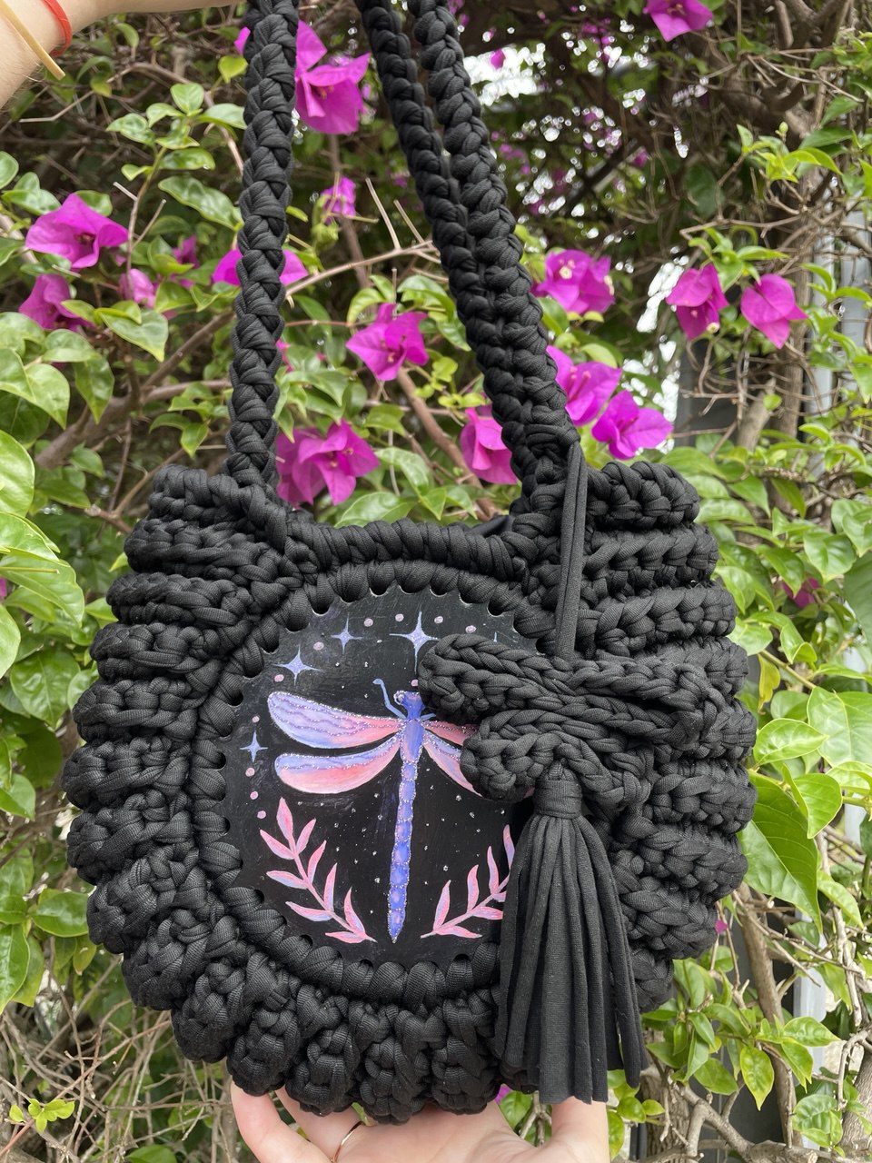 Hand painted artwork & Crochet Bag
