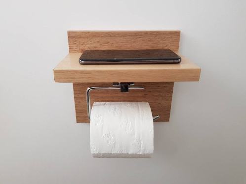 Tasmanian Oak Chrome Toilet Roll Holder with Shelf