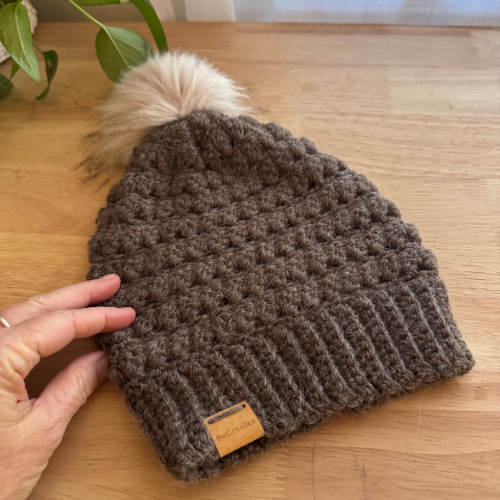 Chocolate Brown Adult Slouchy Beanie | Handmade Crochet Beanie with Faux Fur Pom Pom