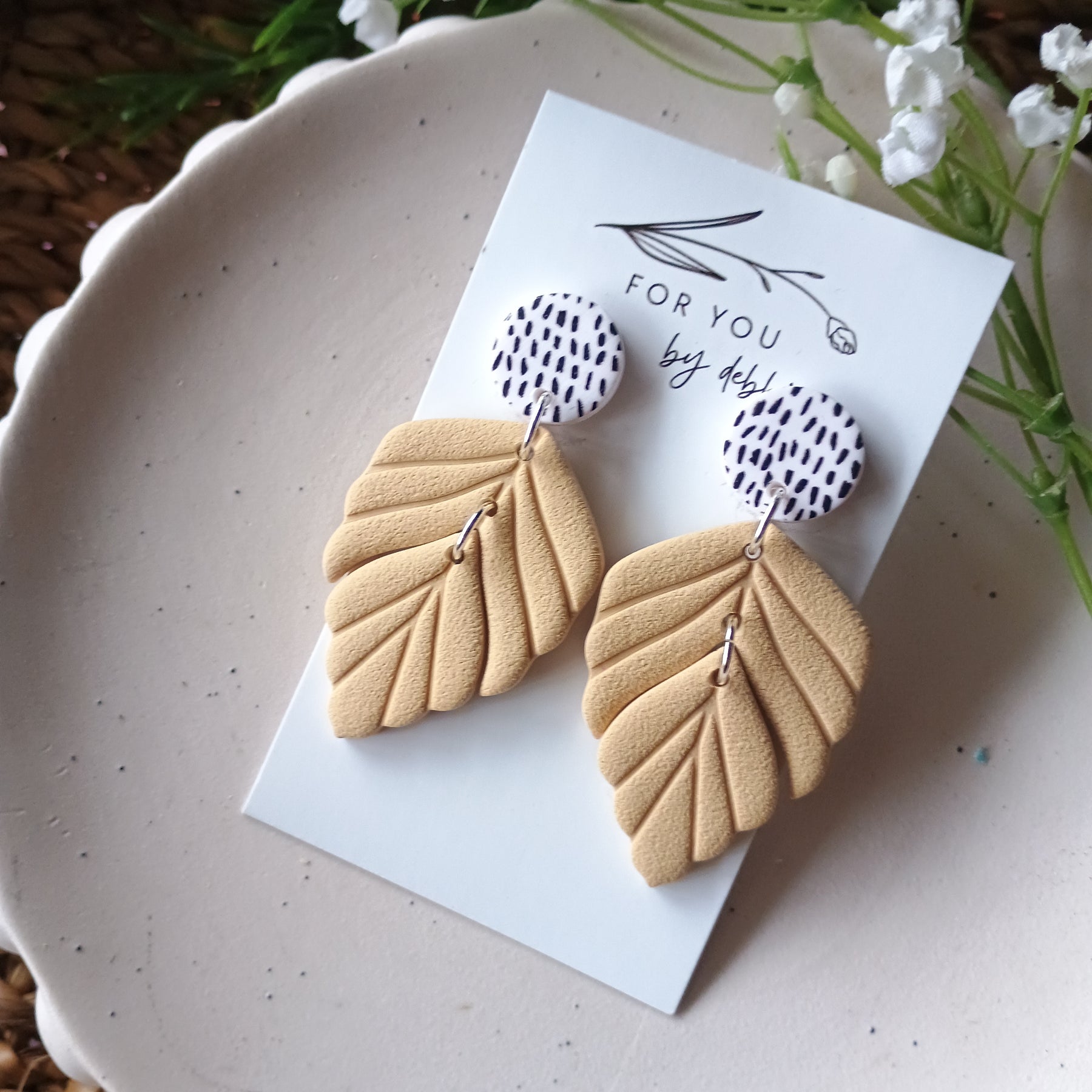 Embossed leaf earrings with silkscreen painted stud
