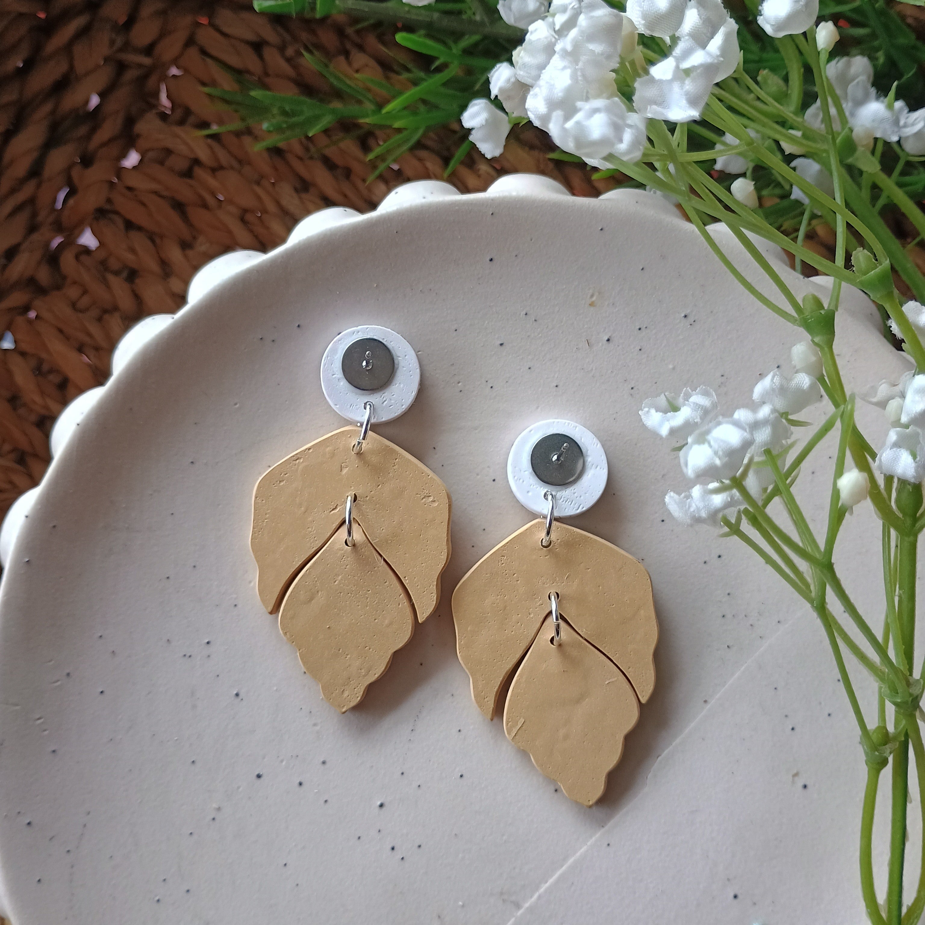 Embossed leaf earrings with silkscreen painted stud