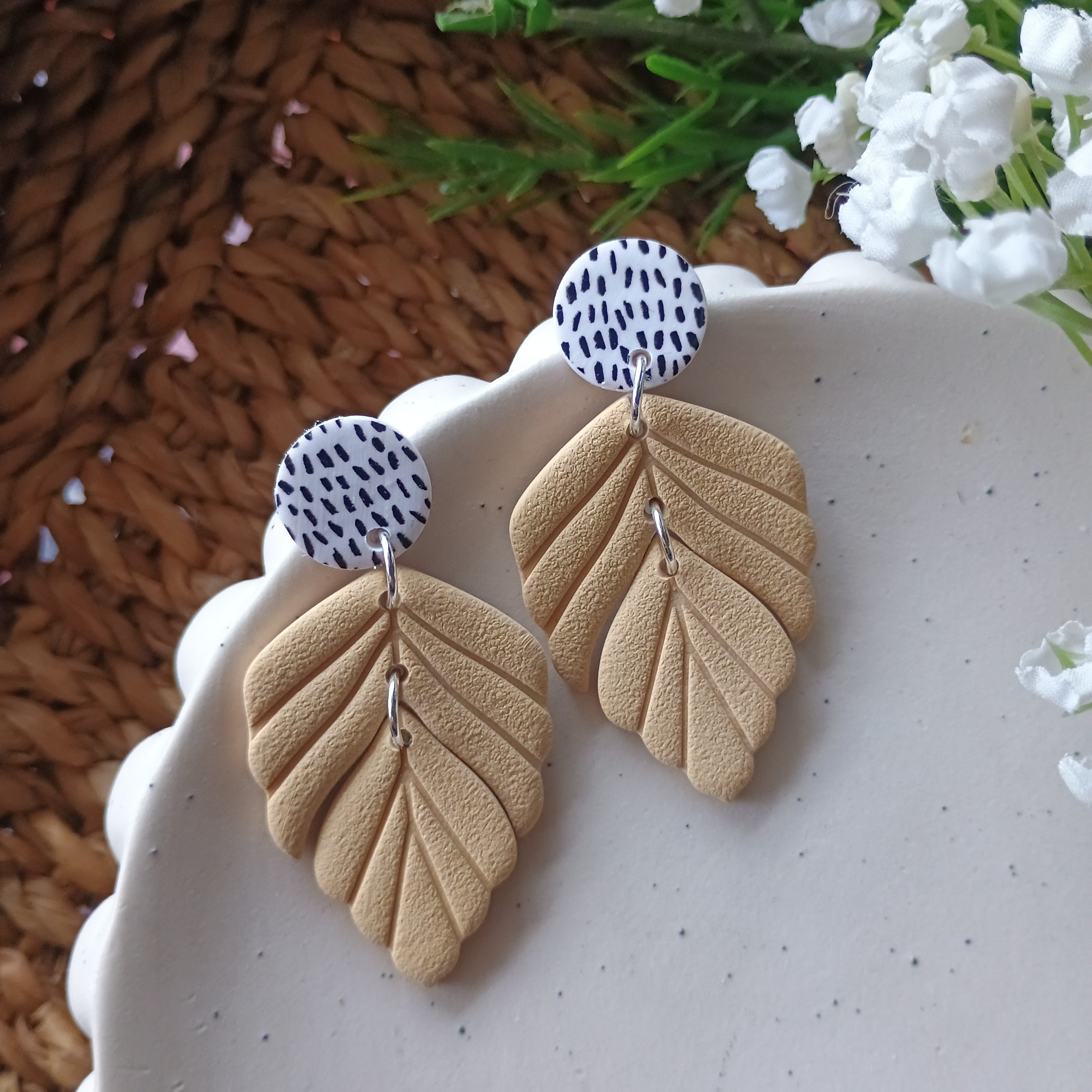 Embossed leaf earrings with silkscreen painted stud