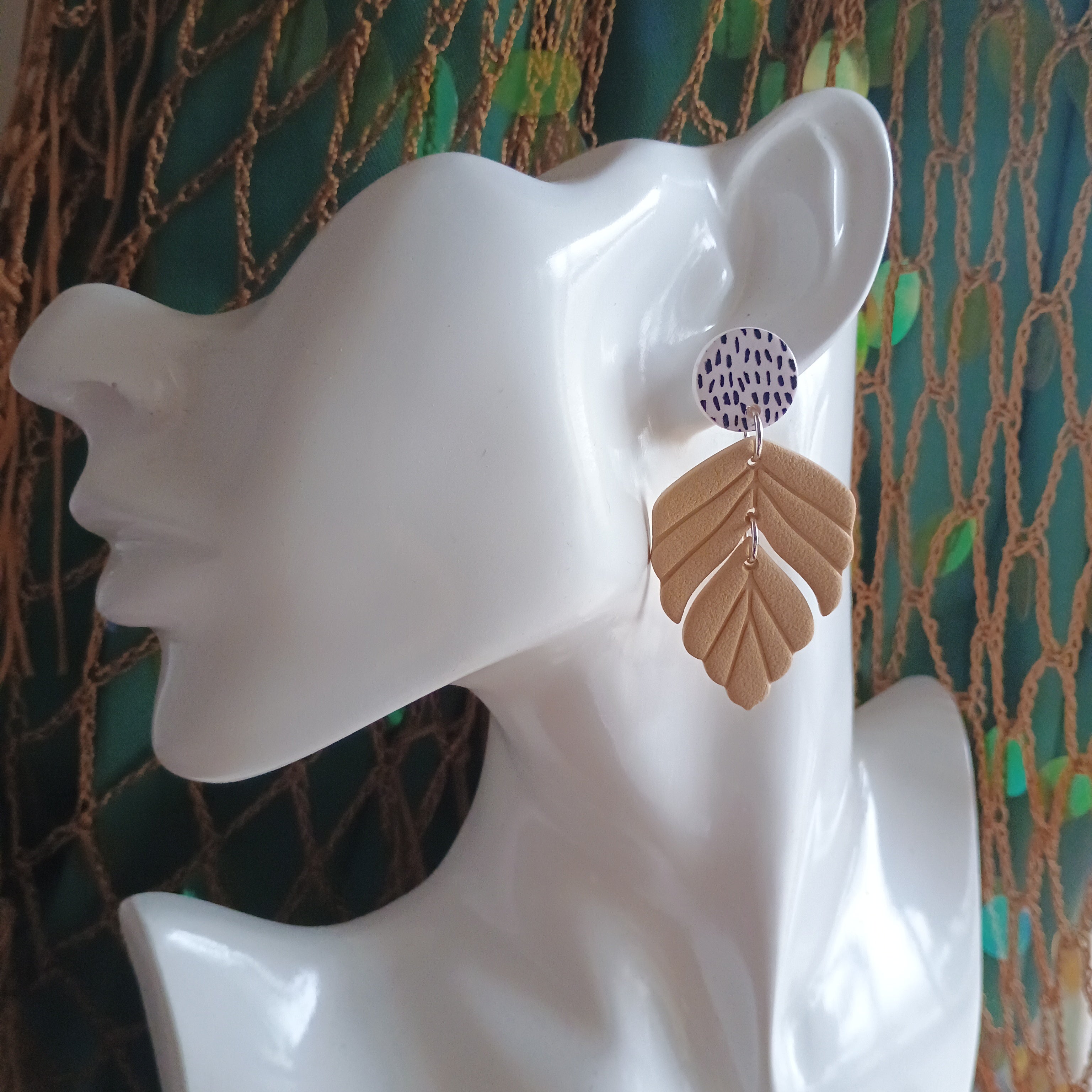Embossed leaf earrings with silkscreen painted stud
