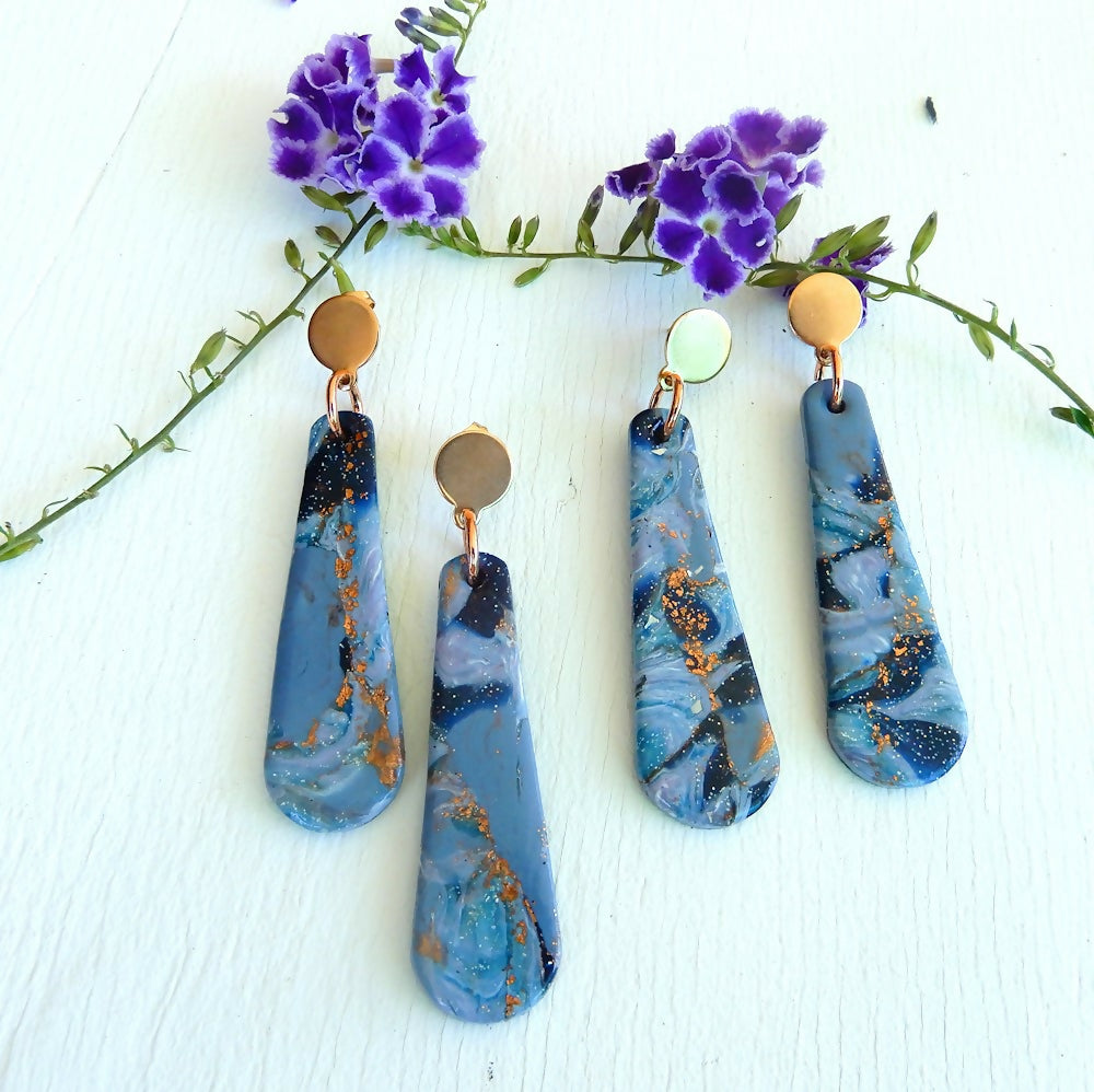 Blue & Bronze Polymer Clay Earrings "Tracey"