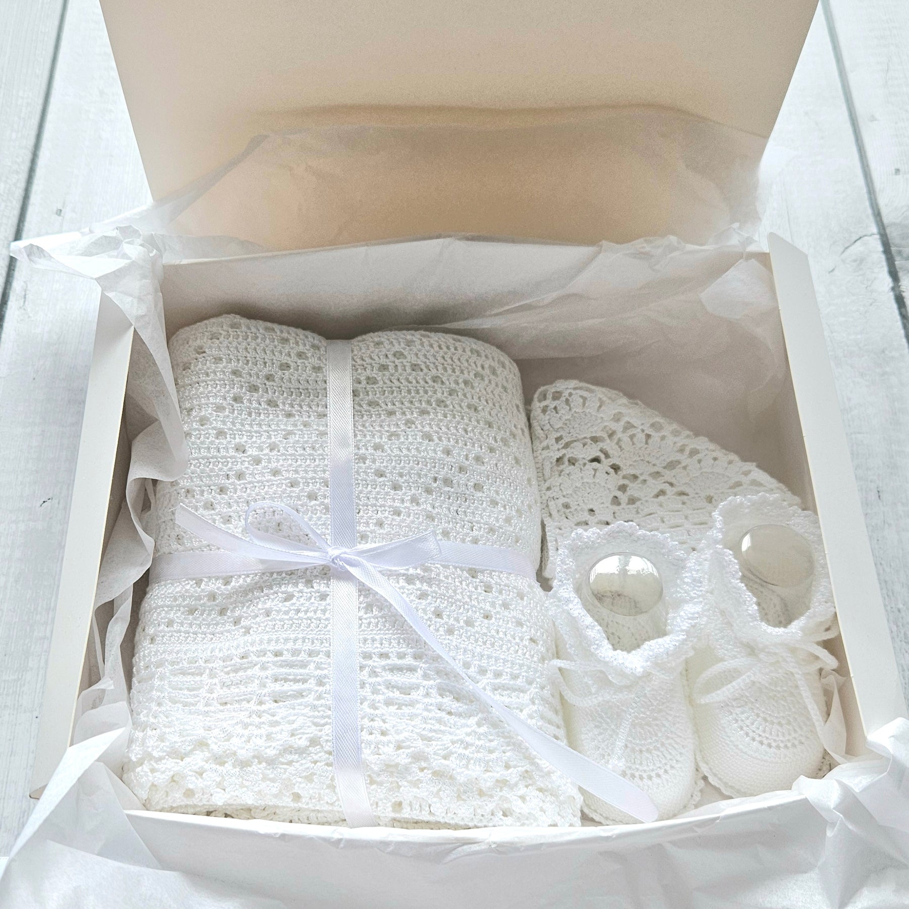 Handmade Newborn Gift Set – Silk Blanket, Bonnet & Booties | Luxury Baby Gift | White