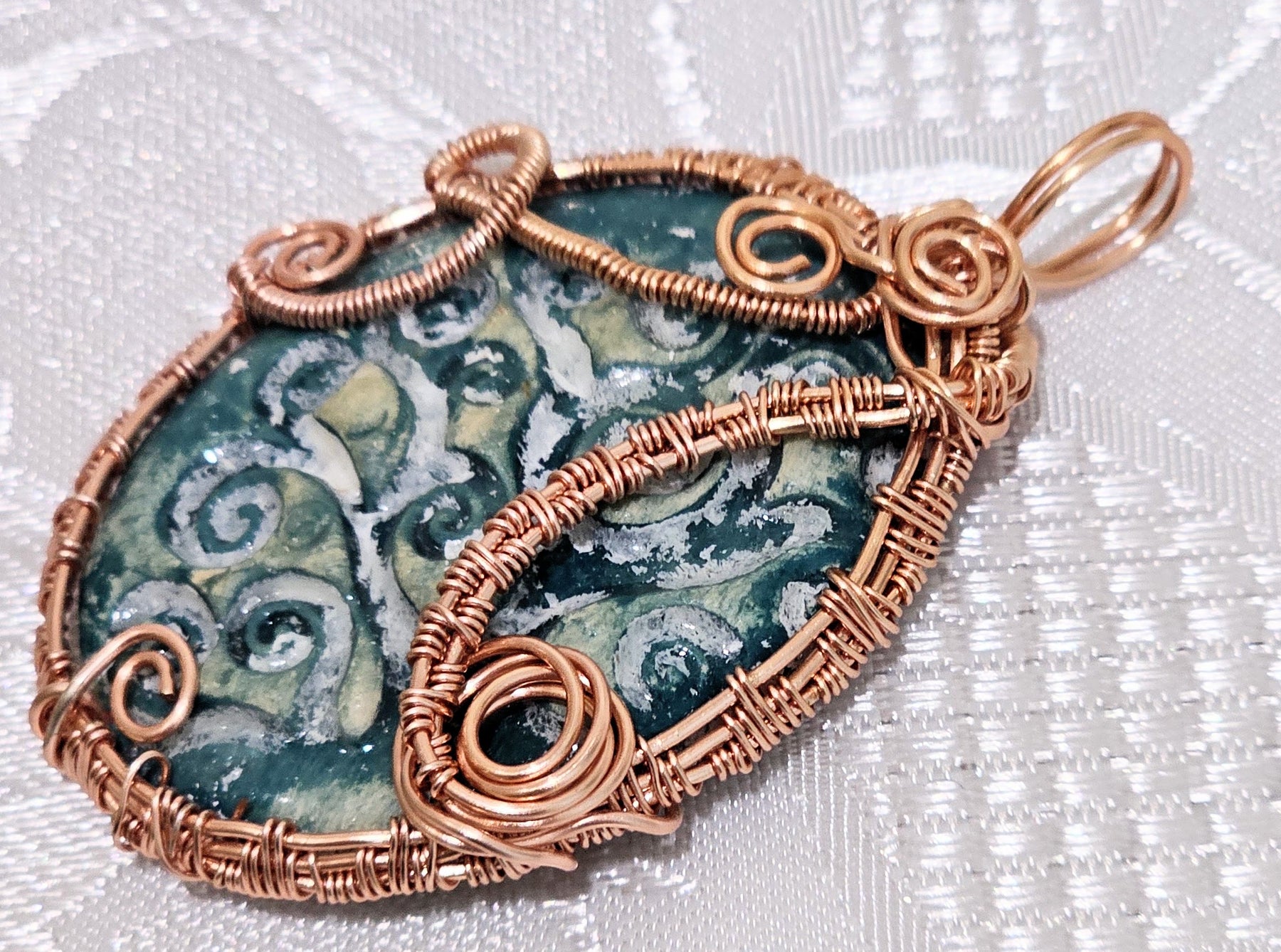 Handmade Ceramic Pendant Wrapped Rose Gold Colour Wire