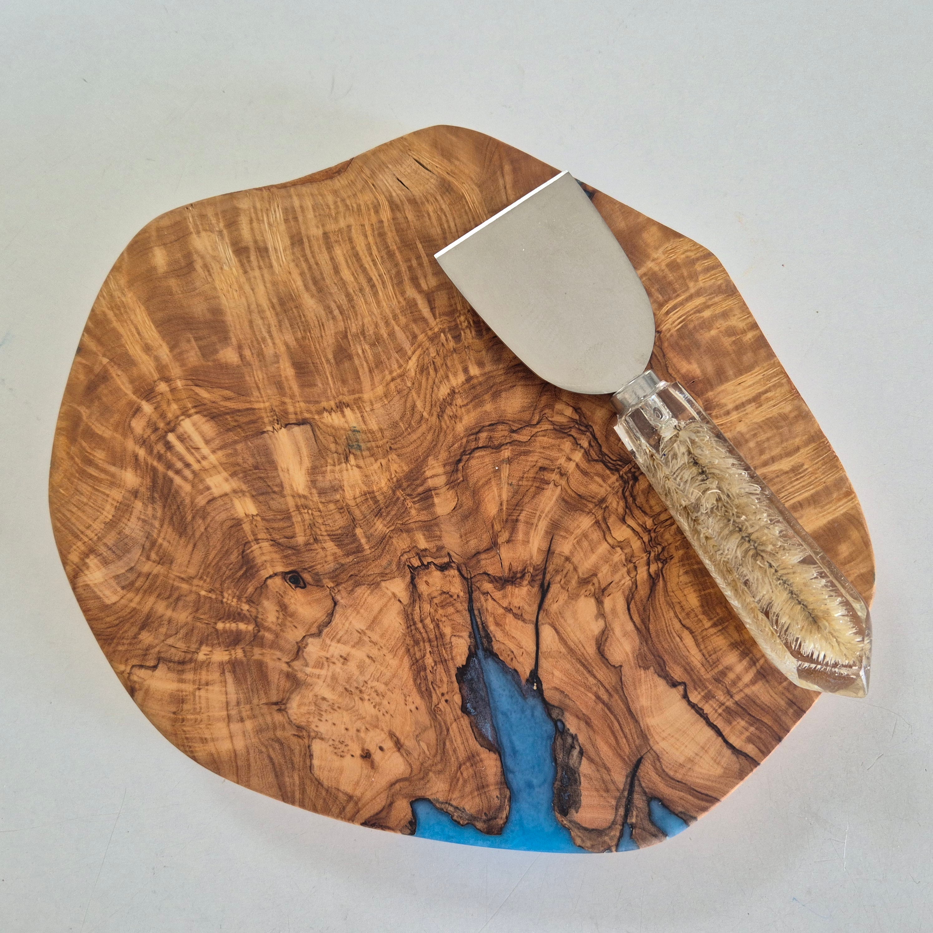 Olivewood serving board with blue resin infill
