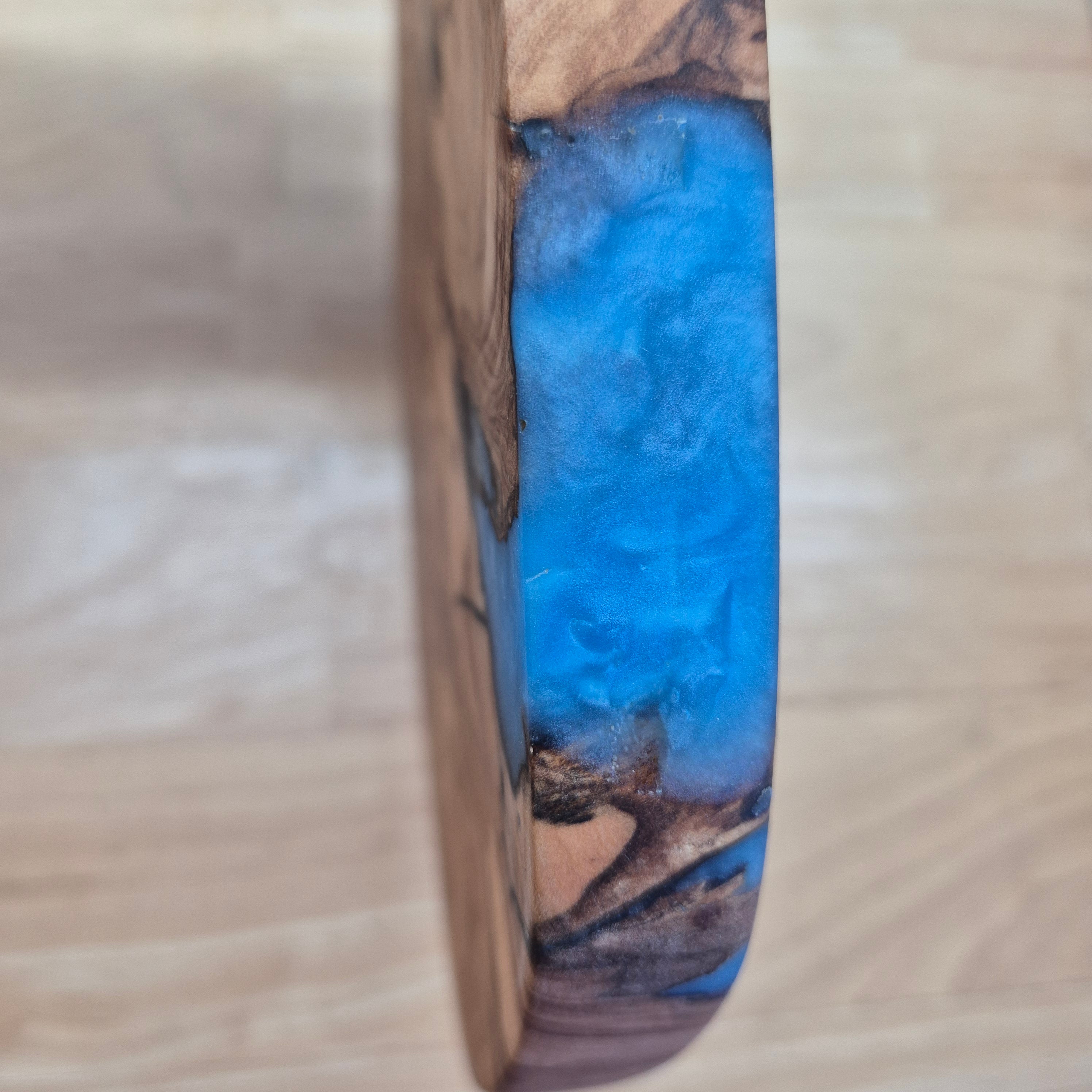 Olivewood serving board with blue resin infill