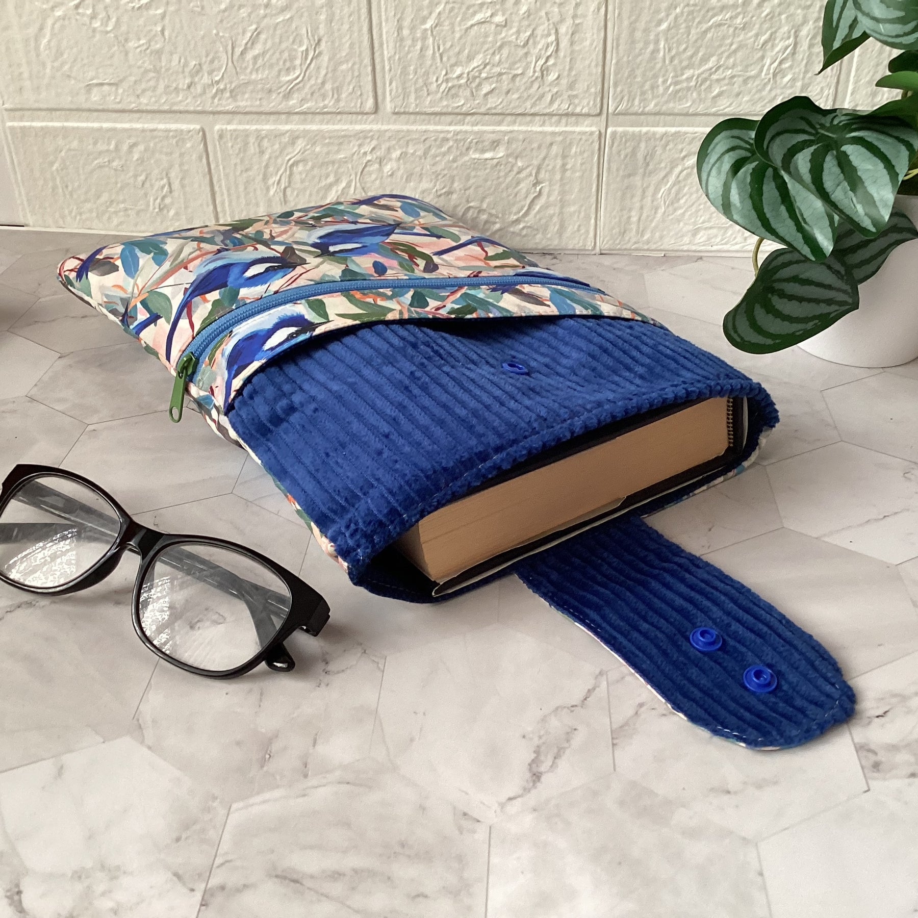Blue wrens fabric book sleeve with 2 pockets. iPad, tablet pouch