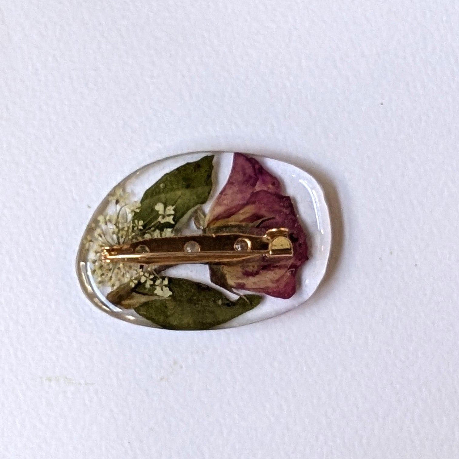 Real Pink Rose Pressed Queen Anne's Lace Floral Brooch