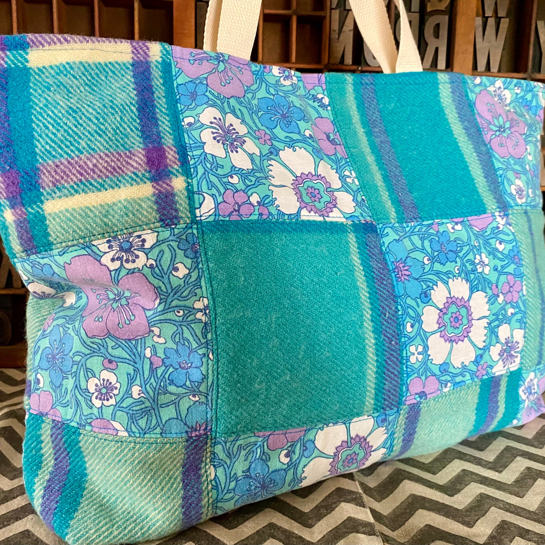 Upcycled Woollen Blanket - Market Tote - Blues Patchwork