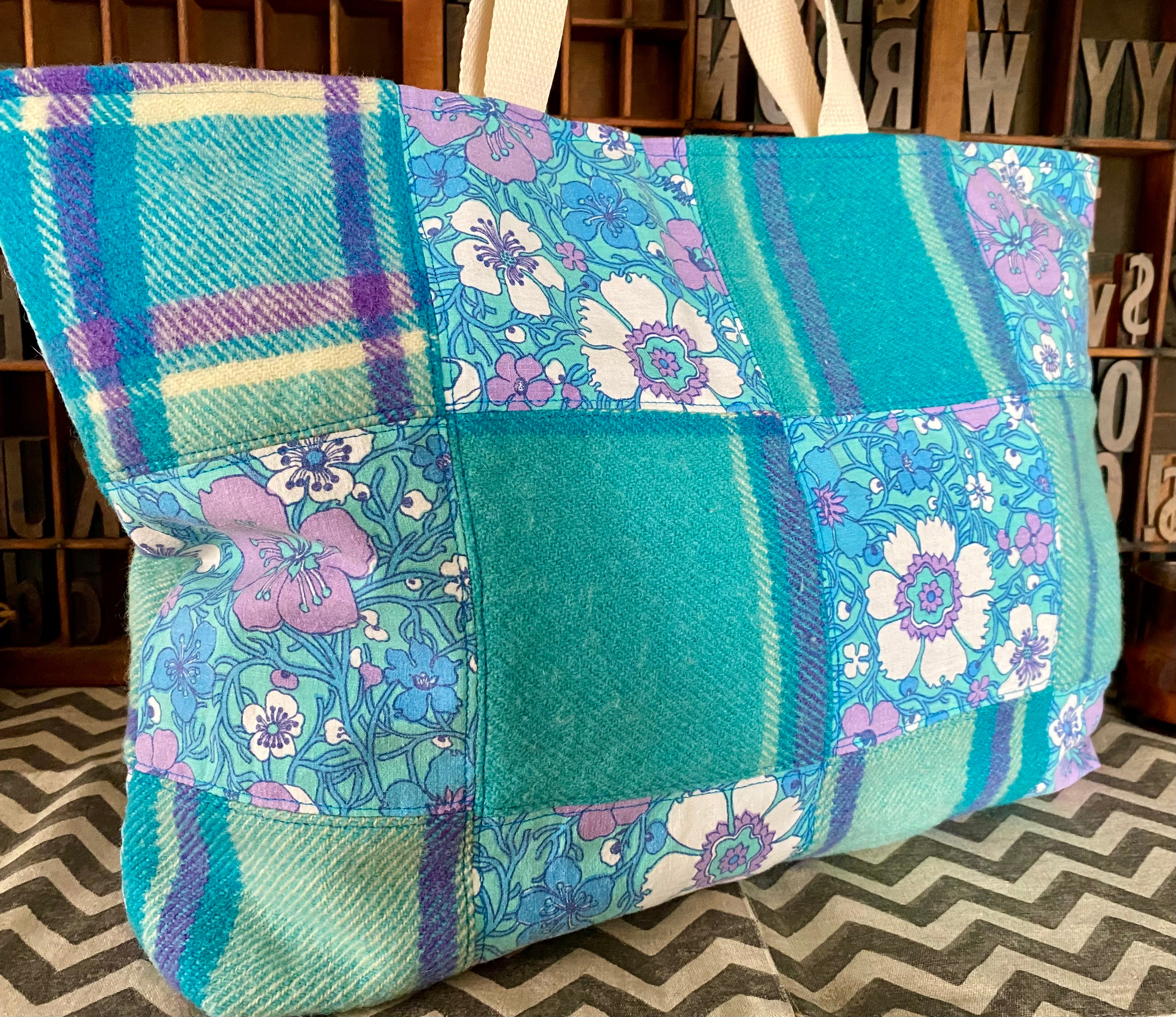 Upcycled Woollen Blanket - Market Tote - Blues Patchwork