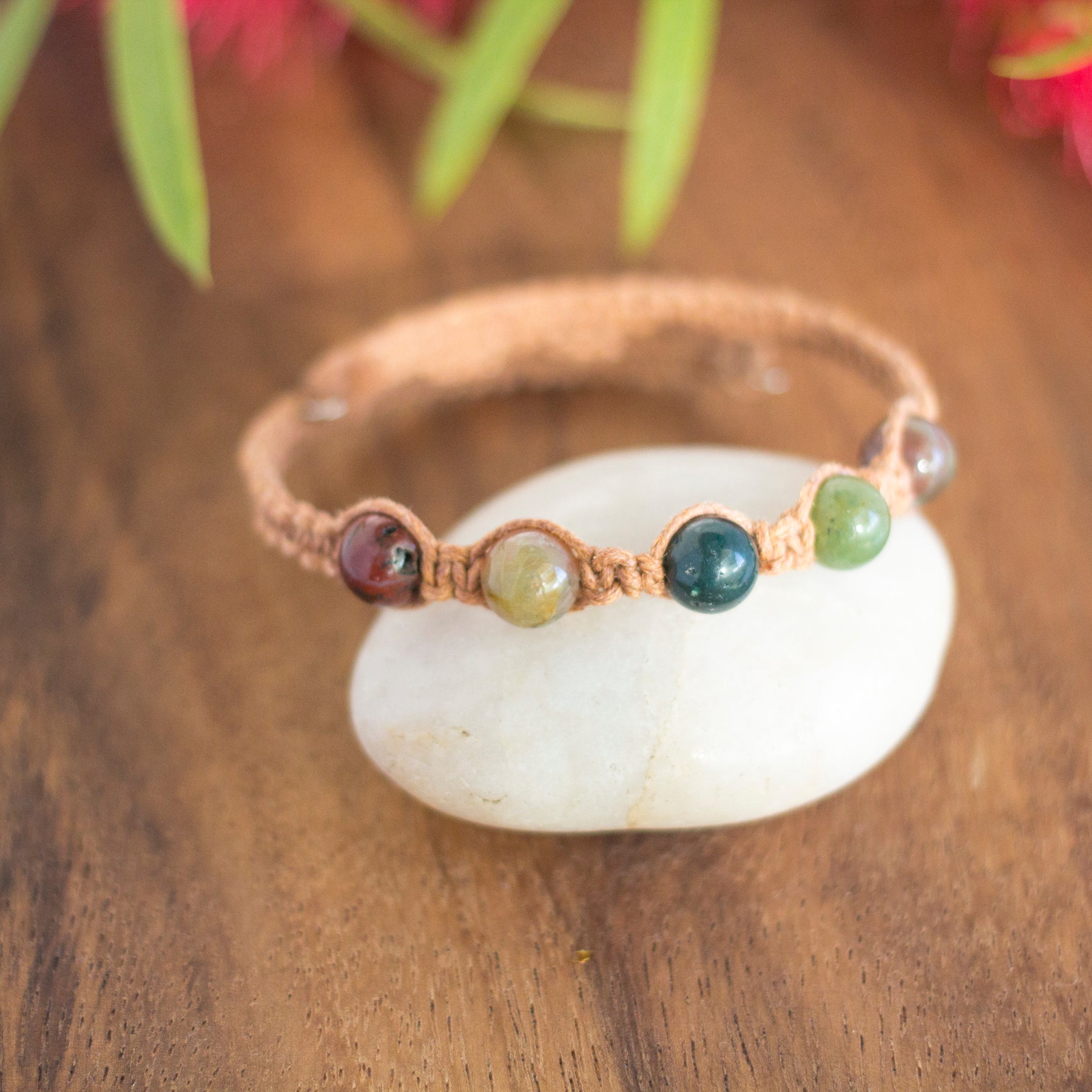 Indian Agate Gemstone Tan Macrame Wrap Bracelet | Cotton Cord Jewellery | Gift Set