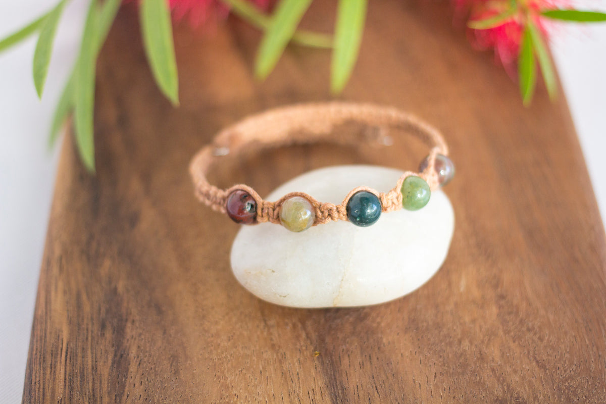 Indian Agate Gemstone Tan Macrame Wrap Bracelet | Cotton Cord Jewellery | Gift Set