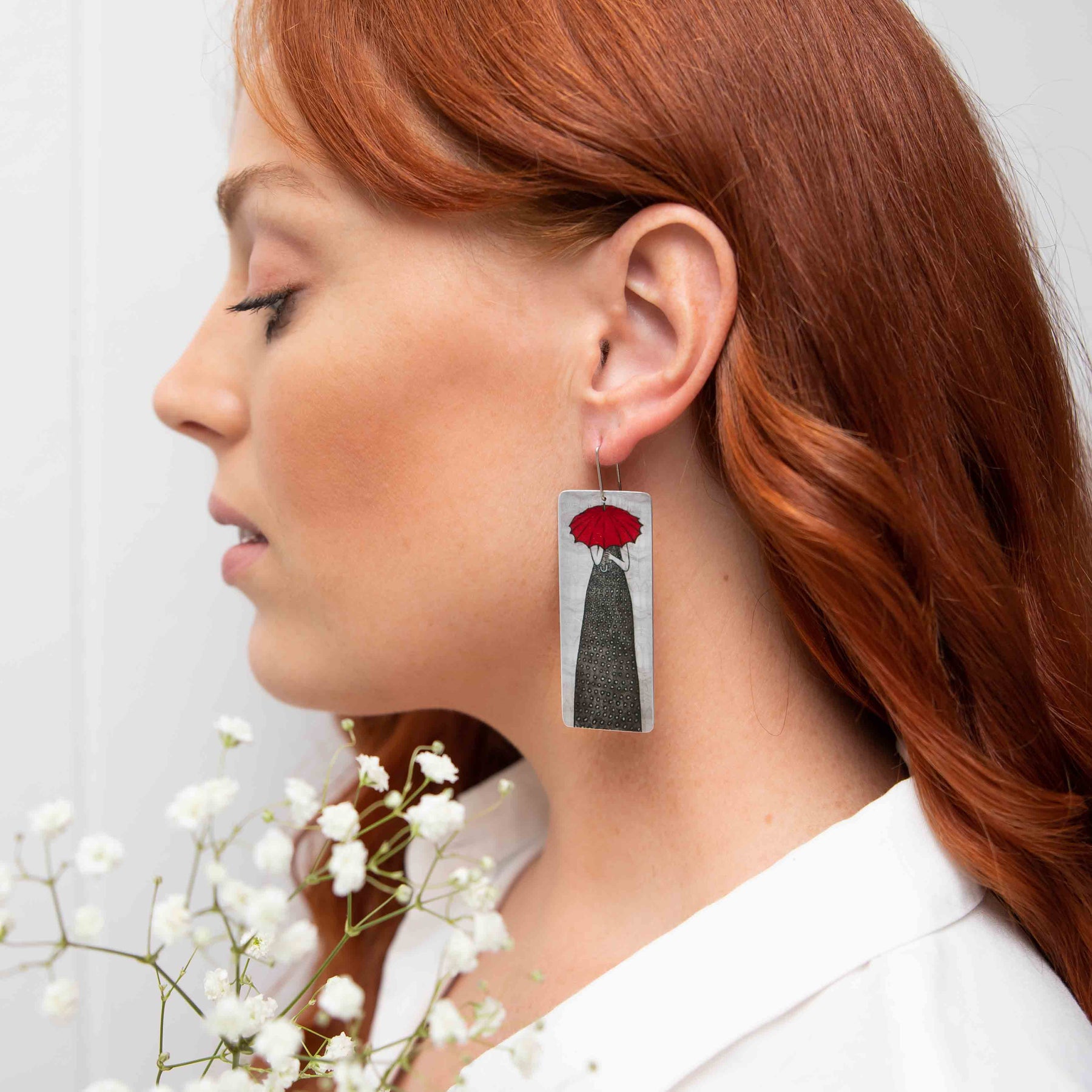 Rectangular Red Umbrella Lady Earrings