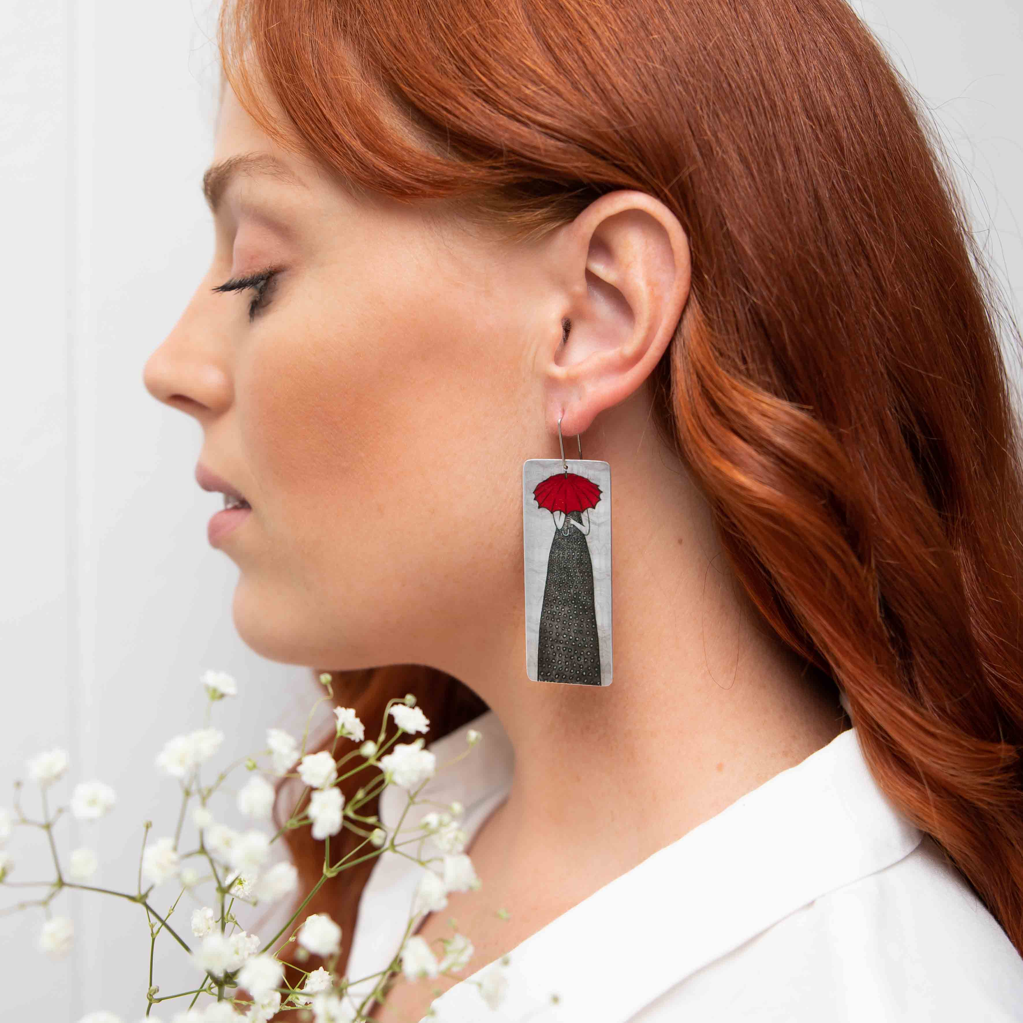 Rectangular Red Umbrella Lady Earrings